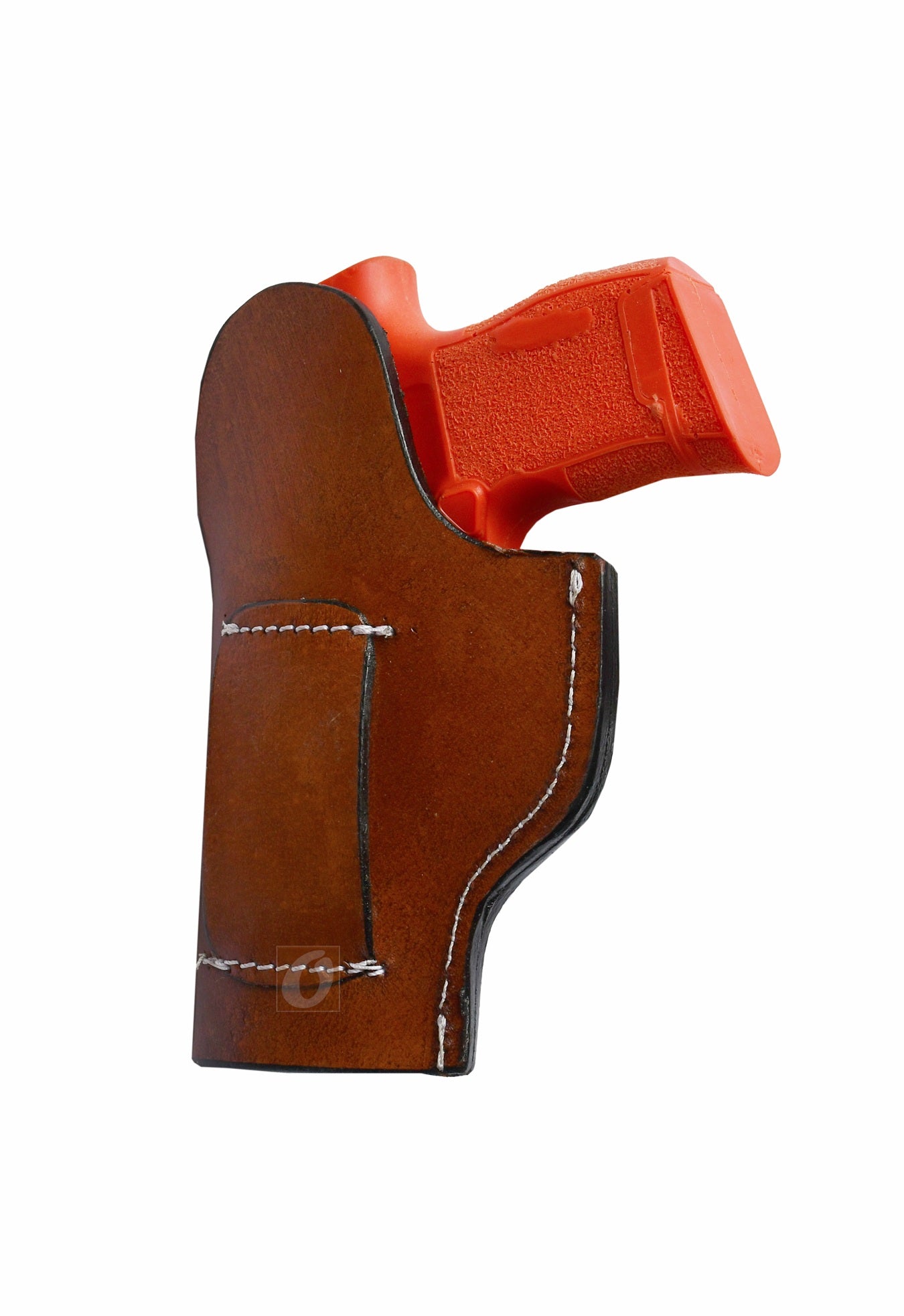 Right-handed seashell tooled tan leather holster for Sig P365. A top-tier leather holster offering both a unique design and superior durability for everyday carry and Western holster enthusiasts.