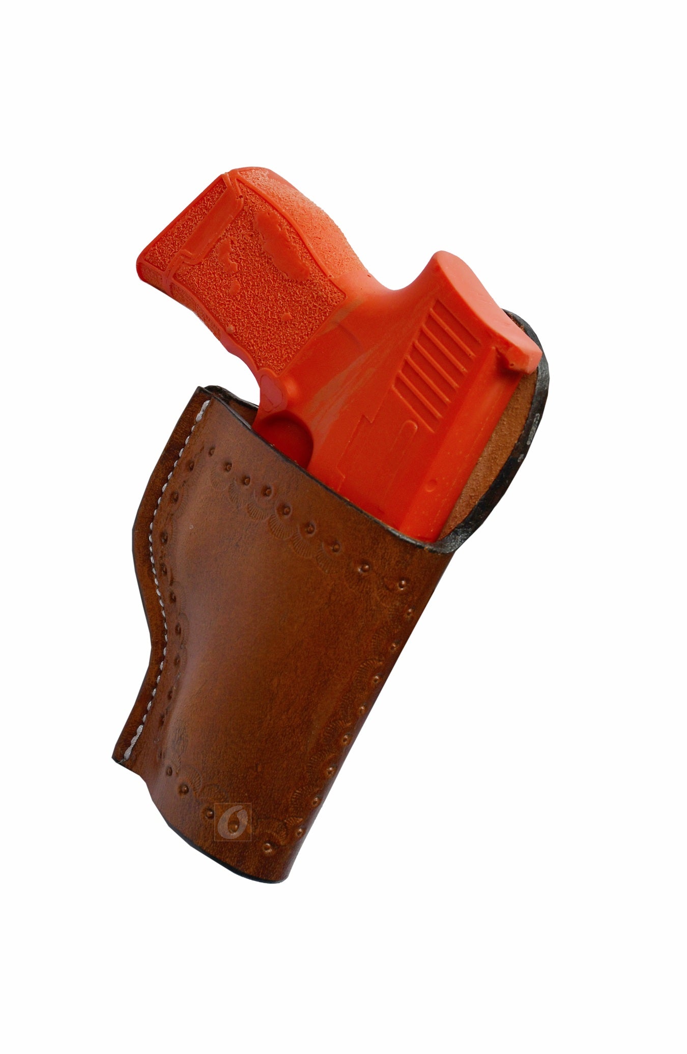 Handcrafted right-handed tan leather holster featuring seashell tooling, designed for Sig Sauer P365. A sleek and stylish gun holster that blends Western charm with optimal performance.