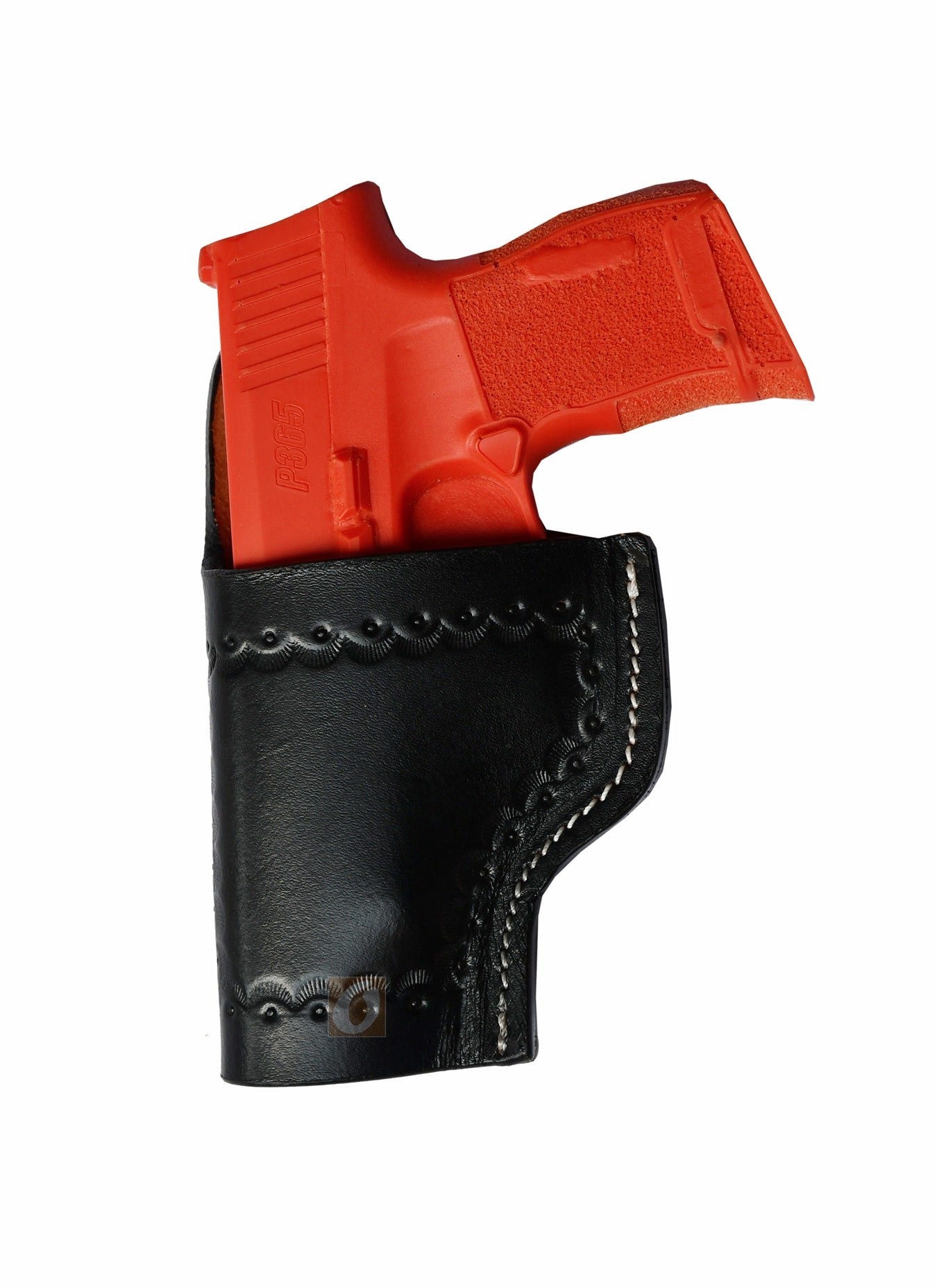 "Left-handed seashell tooled black leather holster for Sig Sauer P365. A premium leather gun holster featuring intricate seashell detailing, designed for secure and stylish carry with a Western-inspired touch.