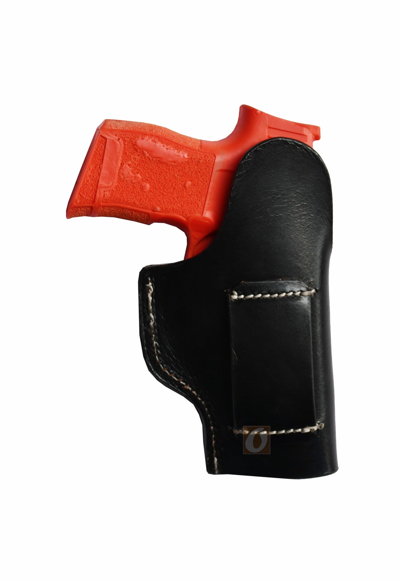 Western-style left-handed black leather holster with seashell tooling, custom-crafted for Sig P365. A durable, high-quality gun holster offering a unique design and perfect fit for everyday carry.