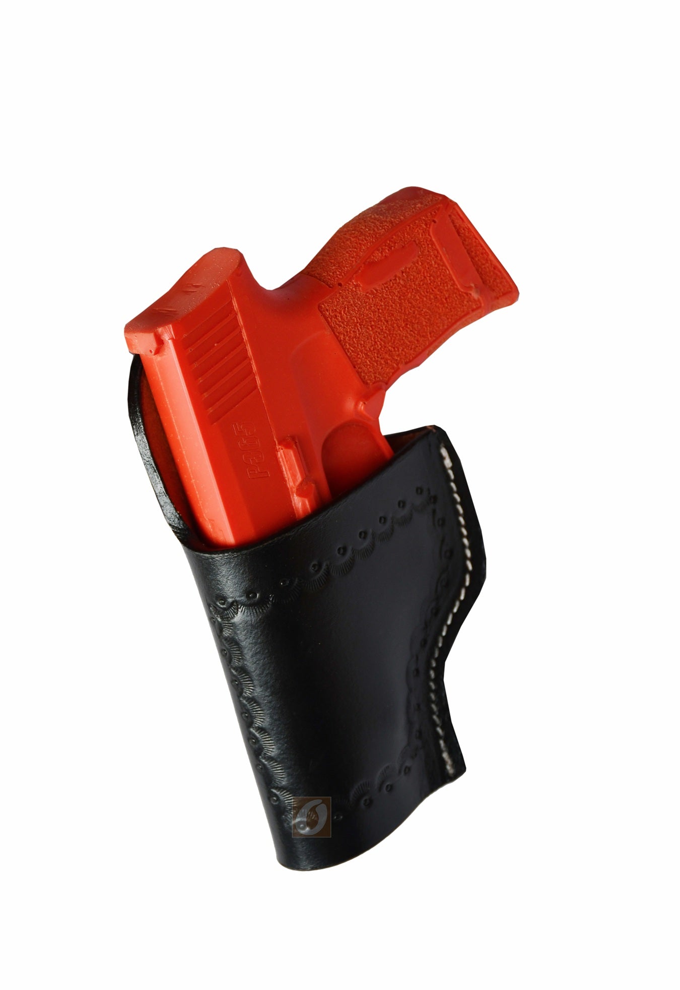 Handcrafted left-handed black leather holster with seashell tooling, designed specifically for Sig Sauer P365. A functional and stylish Western holster that combines durability with elegance.