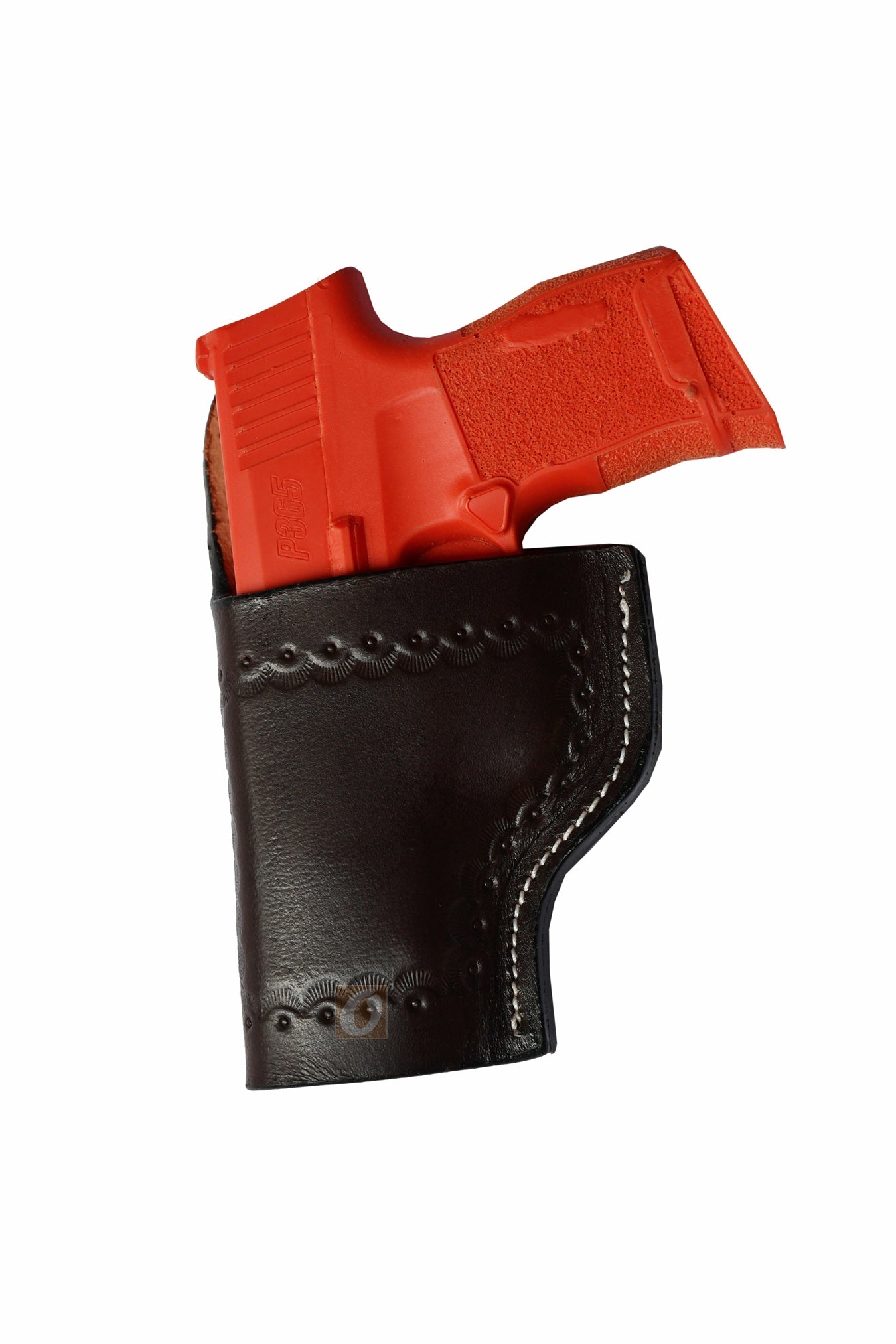 Left-handed seashell tooled black leather holster for Sig P365. A top-tier gun holster that blends coastal-inspired design with reliable performance, perfect for Western holster enthusiasts.