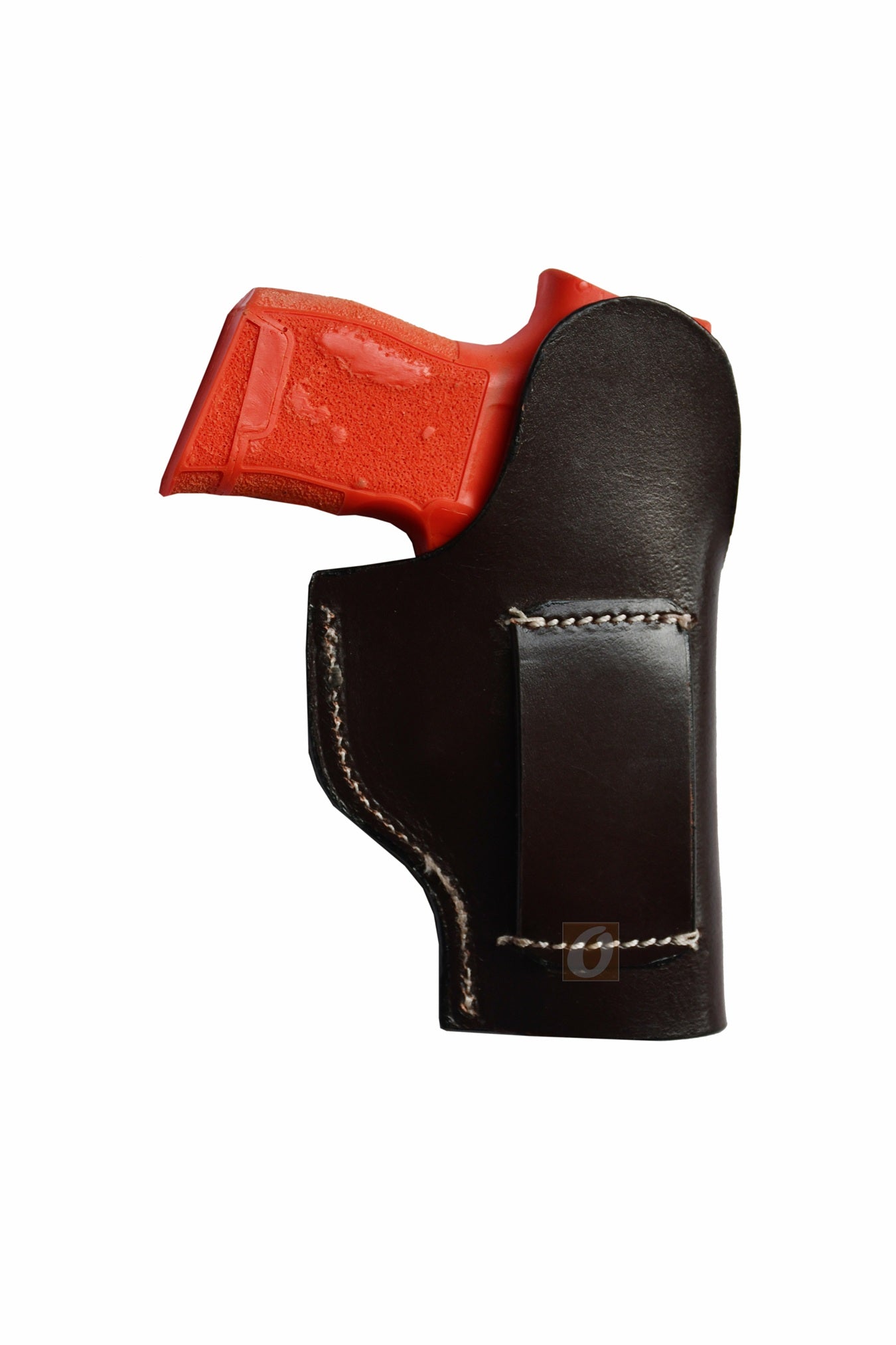 Western-style left-handed brown leather holster with seashell tooling, tailored for Sig P365. A durable and stylish gun holster designed for optimal performance and unique coastal-inspired design.