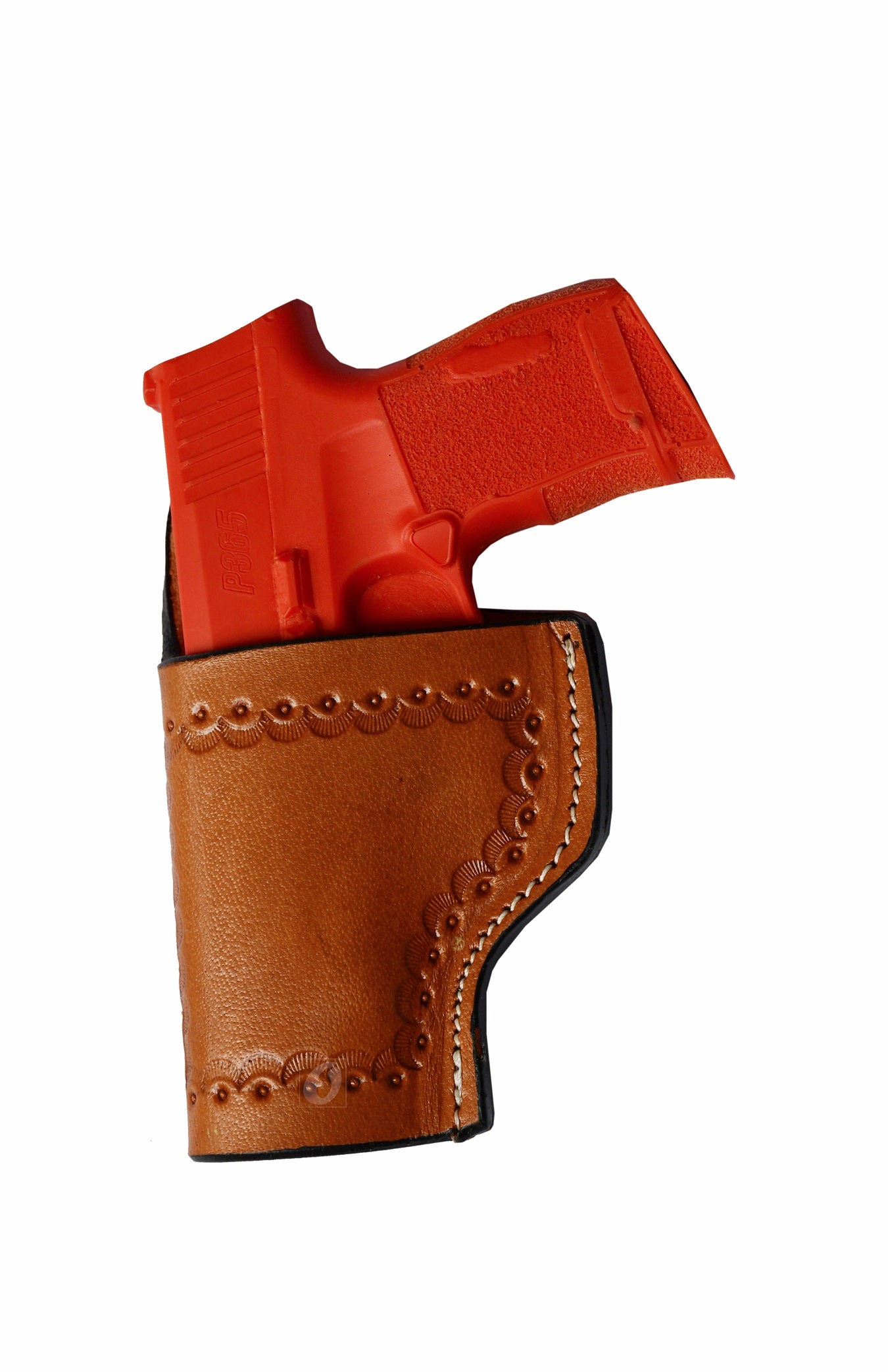 "Left-handed seashell tooled tan leather holster for Sig Sauer P365. A premium leather gun holster featuring intricate seashell detailing, combining Western craftsmanship with secure, stylish firearm carry.
