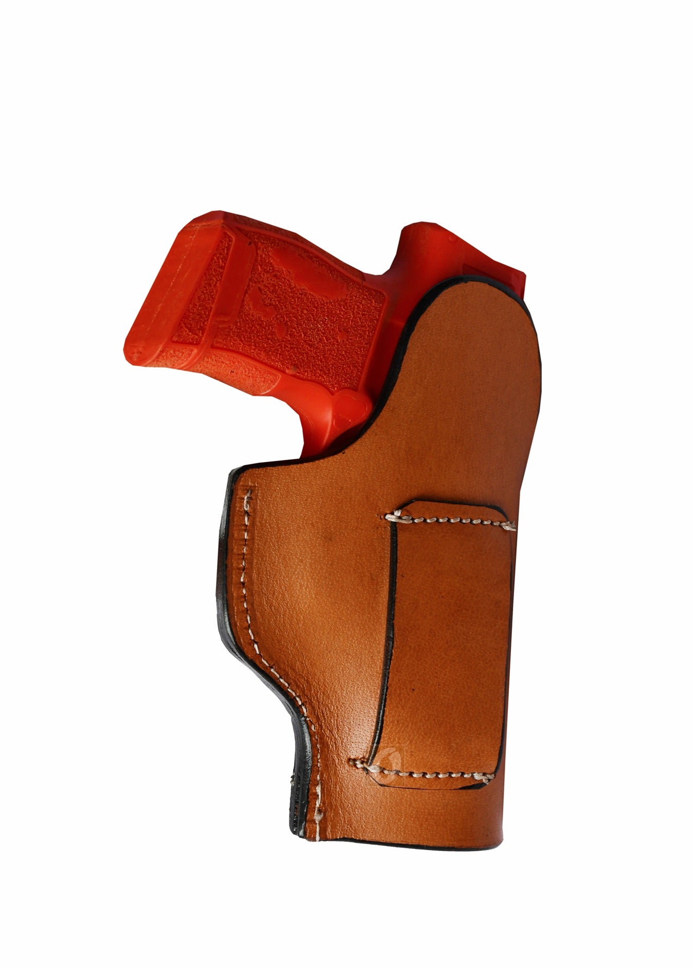Left-handed seashell tooled tan leather holster for Sig P365. A top-tier leather holster offering superior craftsmanship, perfect for those seeking a Western-inspired, secure, and stylish holster.