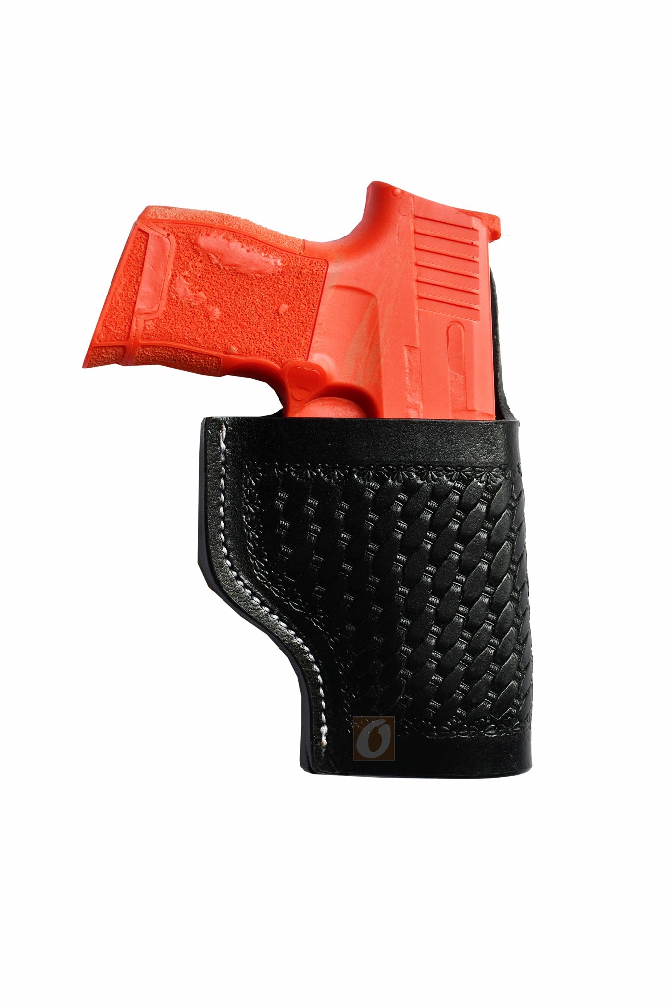 Right-handed basket tooled black leather holster for Sig Sauer P365. A handcrafted, high-quality leather gun holster that combines Western-style craftsmanship with secure firearm carry.