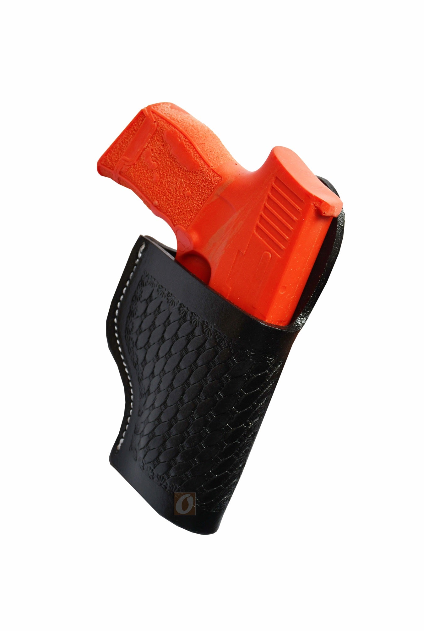 Premium right-handed black leather holster featuring intricate basket tooling, custom-made for Sig Sauer P365. A functional and elegant gun holster that blends style with durability.