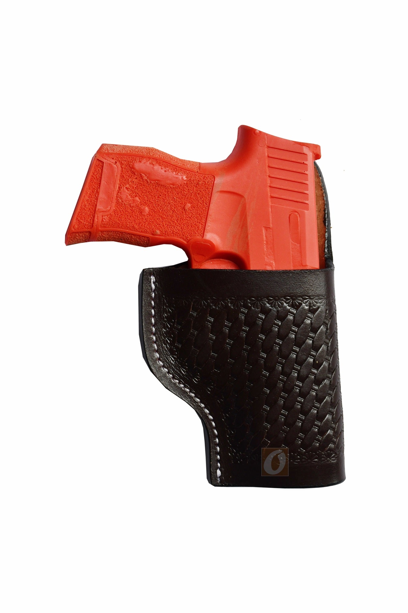 Western-style right-handed brown leather holster with basket tooling, designed for Sig P365. A durable and elegant holster offering a perfect fit, blending functionality and timeless design.