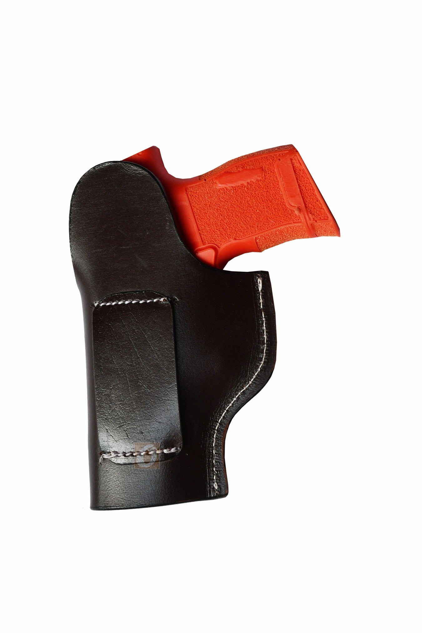 Handcrafted right-handed brown leather holster featuring basket tooling, custom-made for Sig Sauer P365. A high-quality leather holster that offers both durability and a sleek Western look.