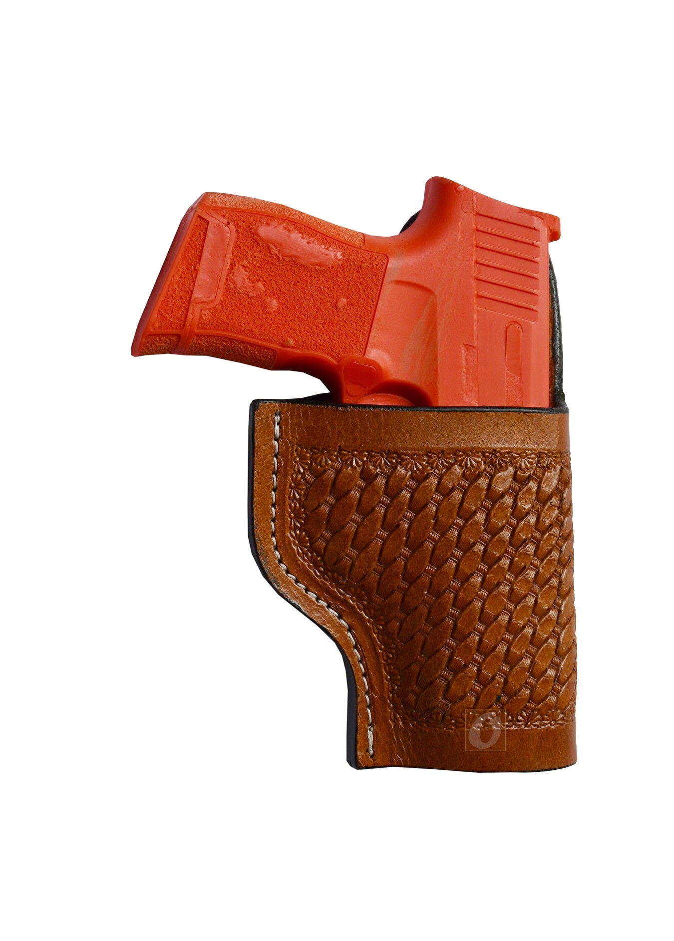 "Right-handed basket tooled tan leather holster for Sig Sauer P365. A handcrafted leather gun holster combining intricate basket tooling with Western-style craftsmanship, offering both style and durability.