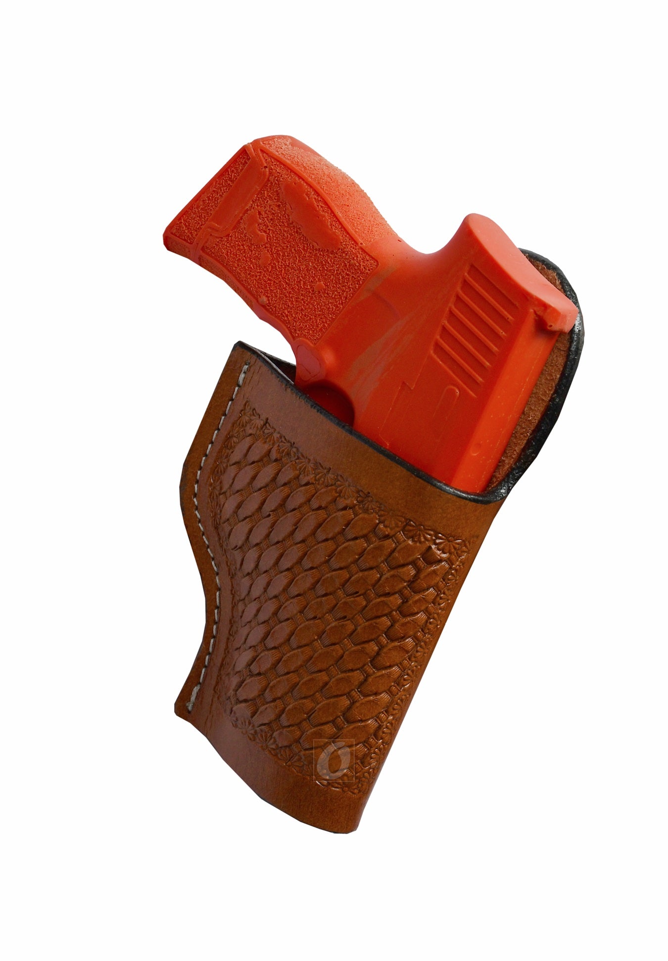 Handcrafted right-handed tan leather holster featuring detailed basket tooling, custom-made for Sig Sauer P365. A durable and stylish gun holster perfect for everyday carry and Western holster enthusiasts.