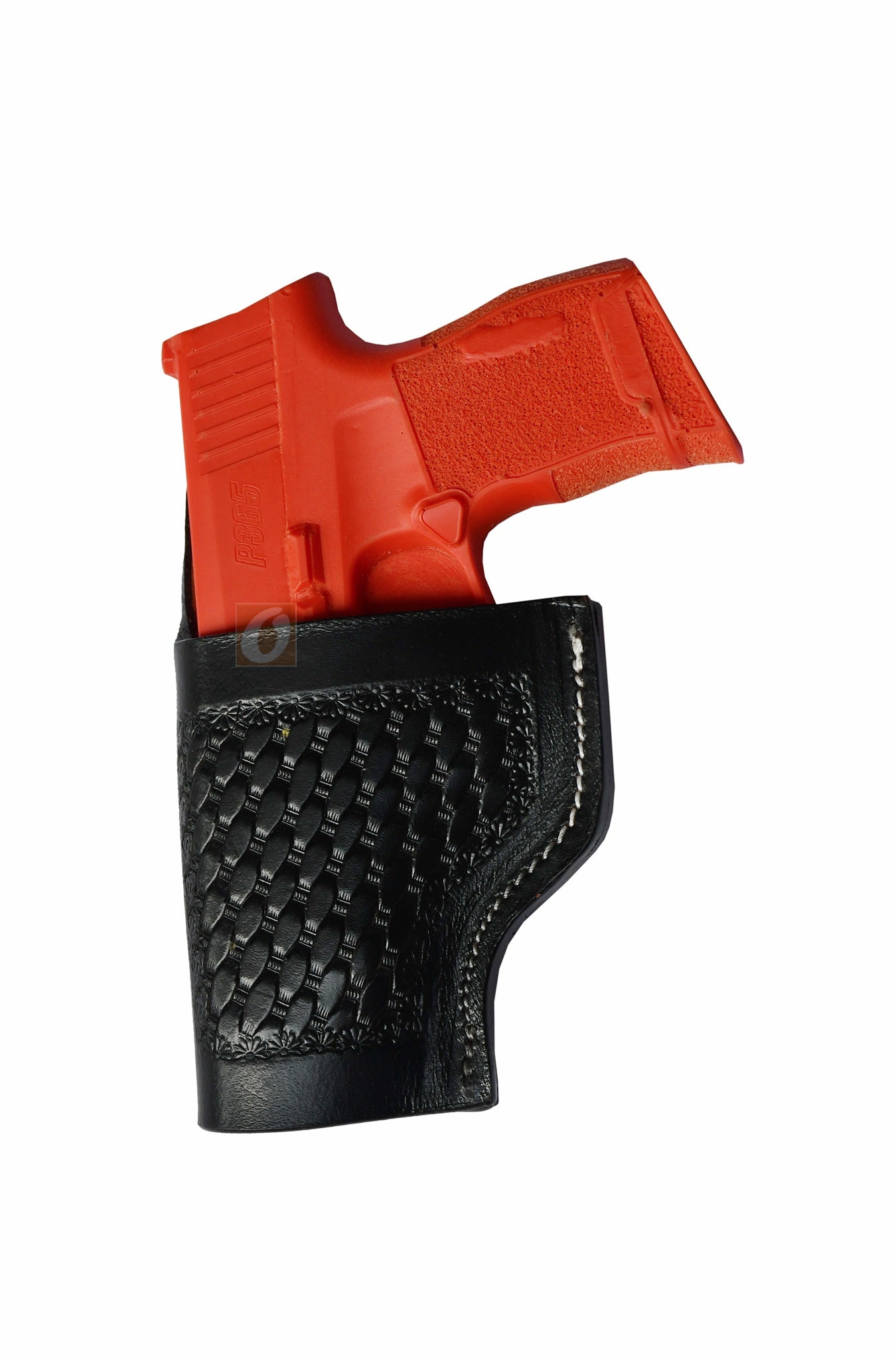 "Left-handed basket tooled black leather holster for Sig Sauer P365. A handcrafted leather gun holster that combines intricate basket tooling with Western-style craftsmanship, offering a secure and stylish fit.