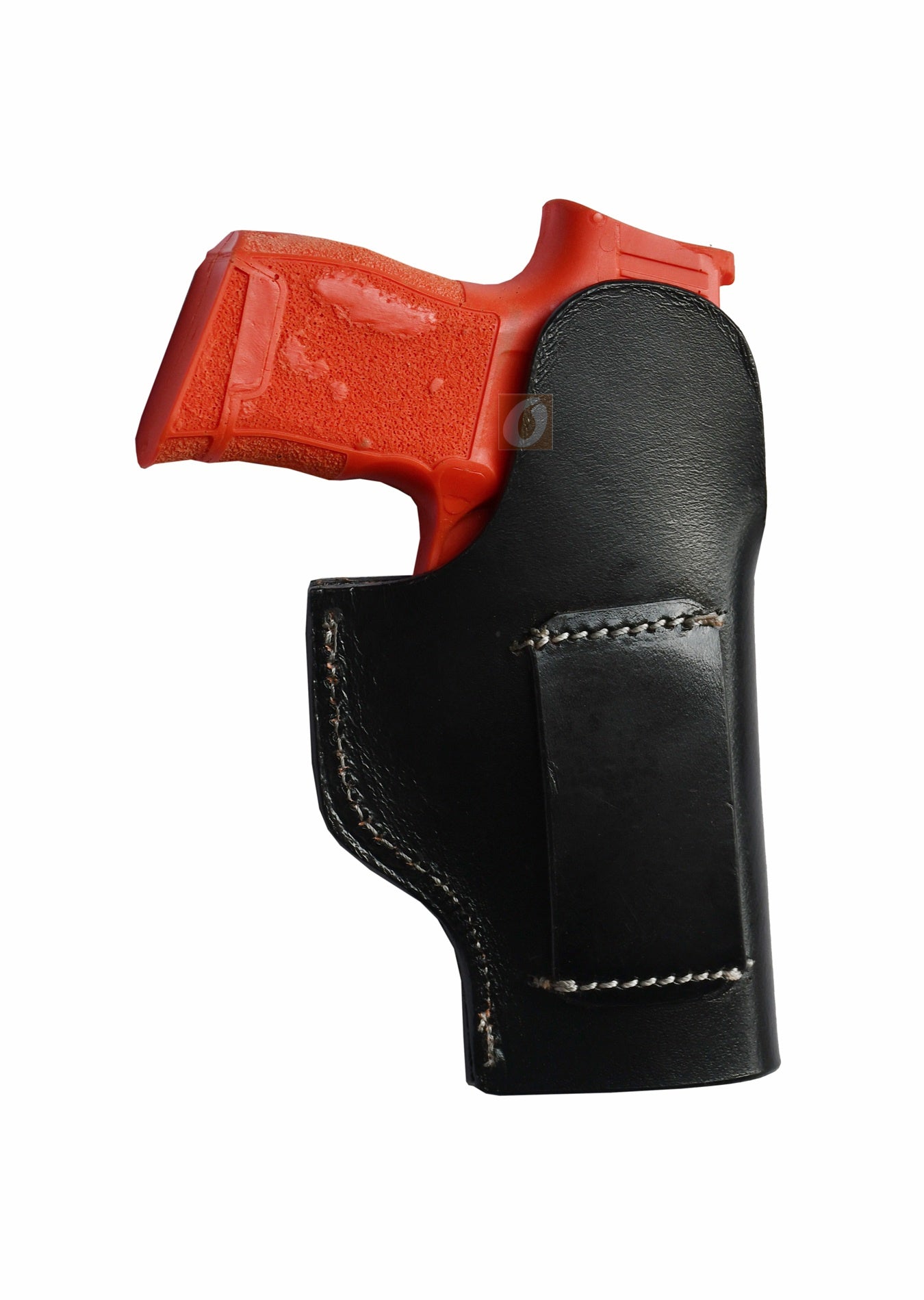 Western-style left-handed black leather holster with basket tooling, designed for Sig P365. A durable and elegant holster, crafted to provide a perfect fit and reliable firearm carry.