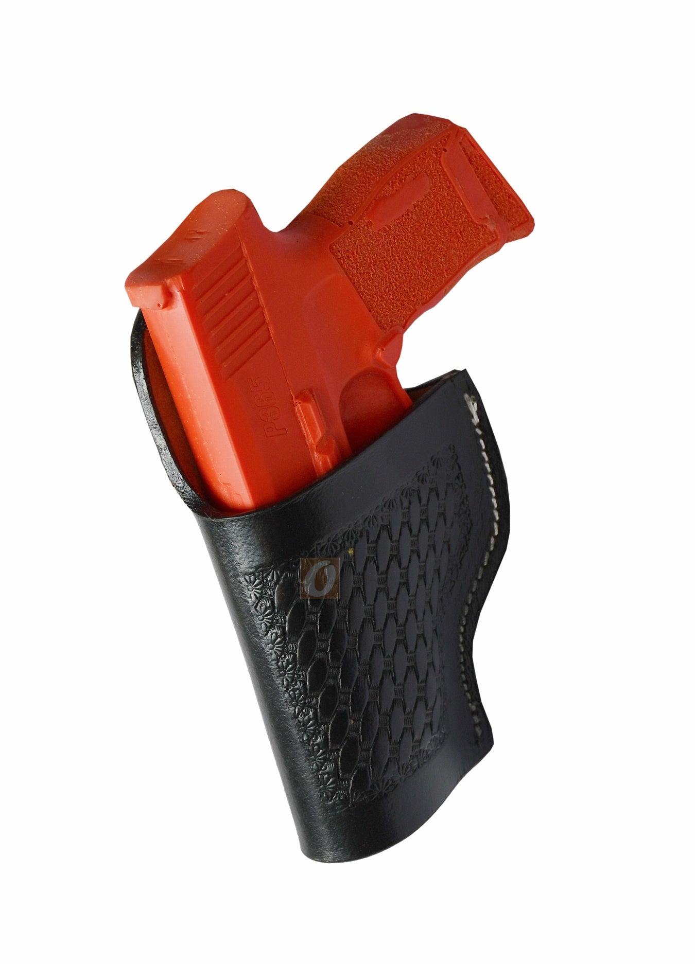 Handmade left-handed black leather holster featuring basket tooling, custom-crafted for Sig Sauer P365. A high-quality leather gun holster blending durability with a timeless Western design.
