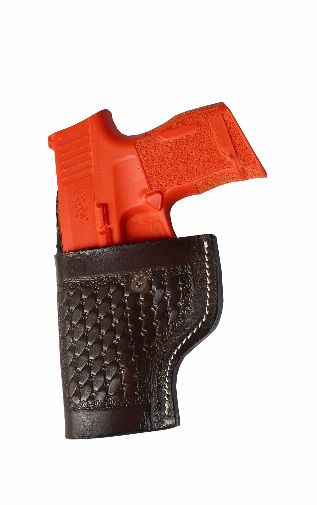 "Left-handed basket tooled brown leather holster for Sig Sauer P365. A handcrafted leather gun holster that combines intricate basket tooling with Western-style craftsmanship, ensuring secure and stylish firearm carry.