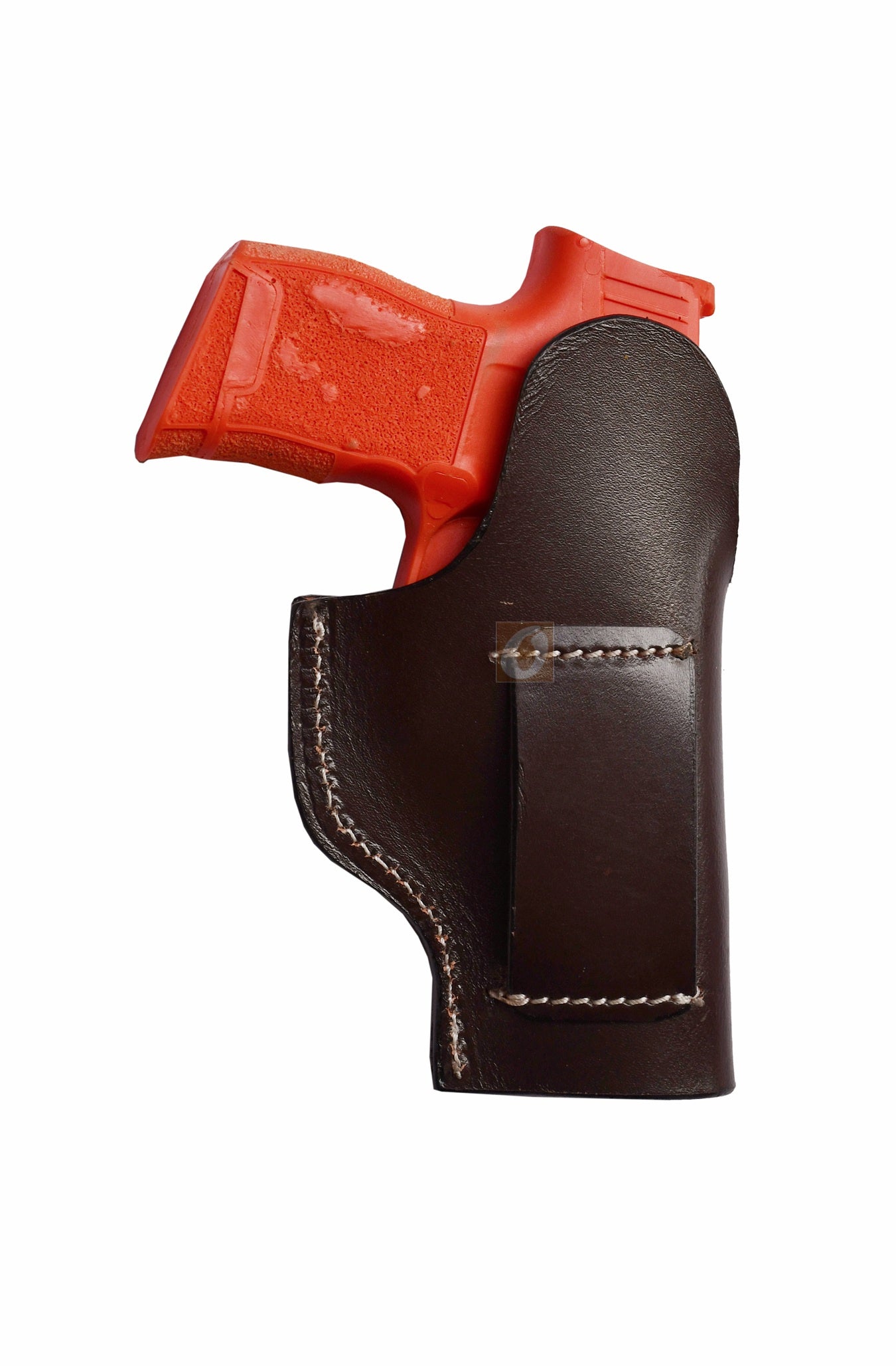 Western-style left-handed brown leather holster with basket tooling, designed specifically for Sig P365. A durable and reliable gun holster, offering both a secure fit and timeless Western aesthetics.