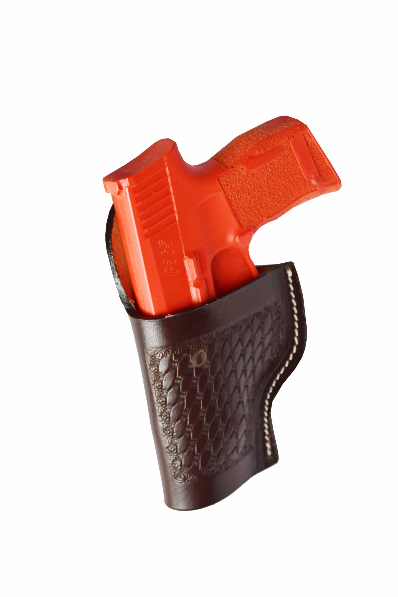 Handmade left-handed brown leather holster featuring basket tooling, custom-crafted for Sig Sauer P365. A high-quality, functional holster that blends durability with classic Western design.