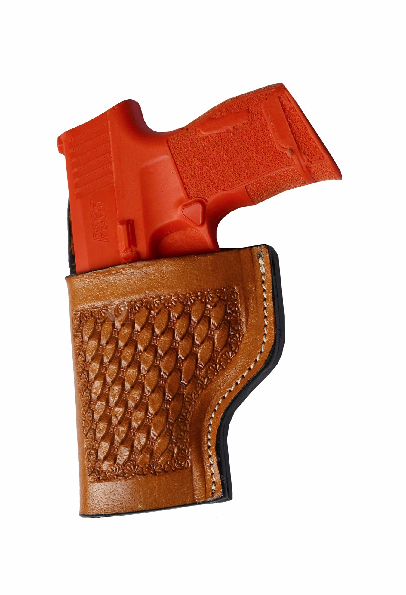 "Left-handed basket tooled tan leather holster for Sig Sauer P365. A handcrafted leather gun holster that combines intricate basket tooling with Western-style craftsmanship, offering both style and durability.