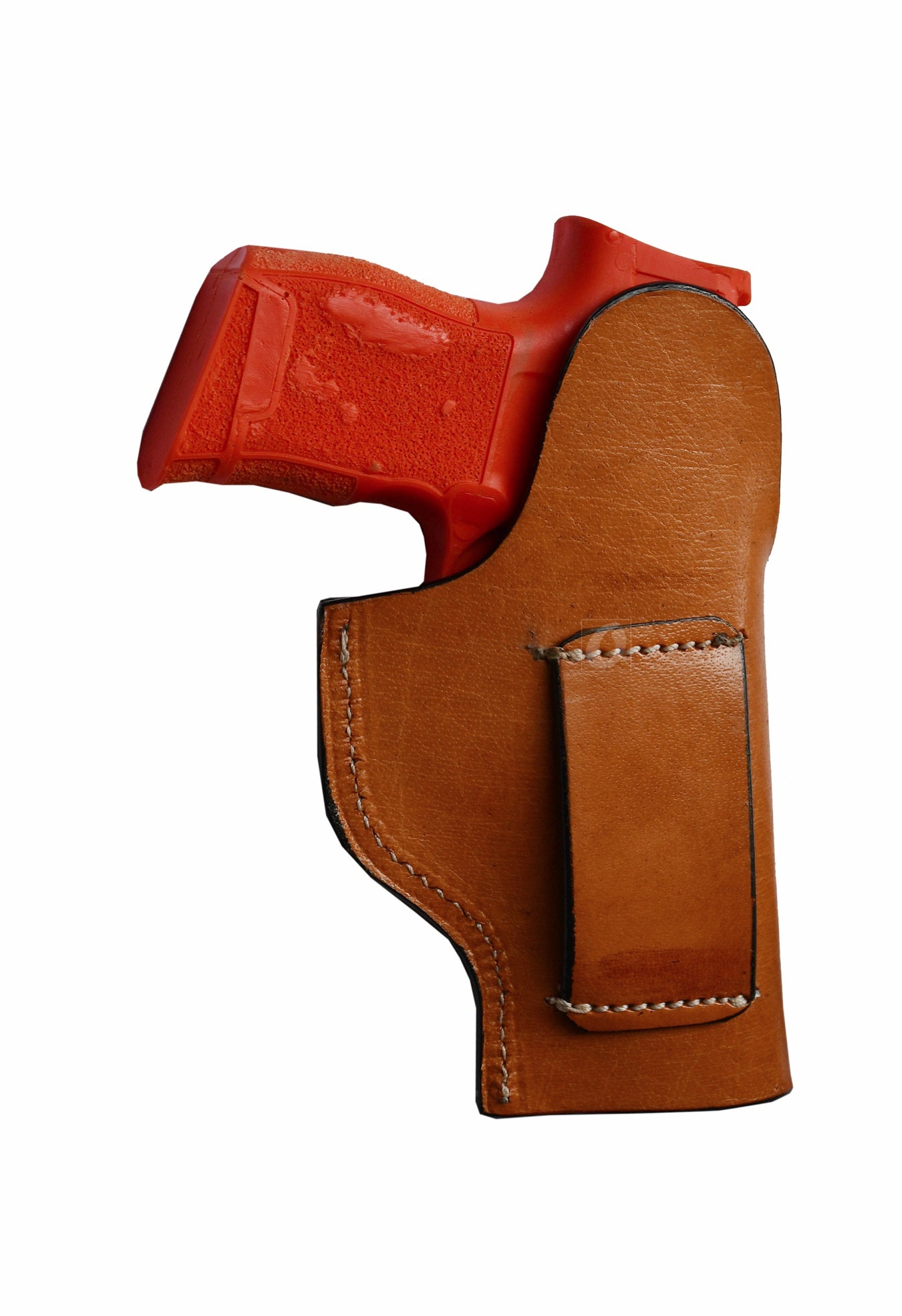 Western-style left-handed tan leather holster with basket tooling, designed for Sig P365. A premium leather holster providing secure fit, reliable functionality, and a classic Western look.
