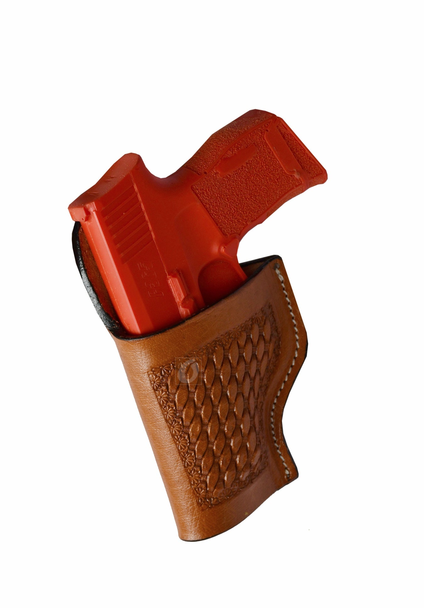 Handmade left-handed tan leather holster featuring basket tooling, custom-crafted for Sig Sauer P365. A high-quality gun holster that offers both durability and timeless Western aesthetics.