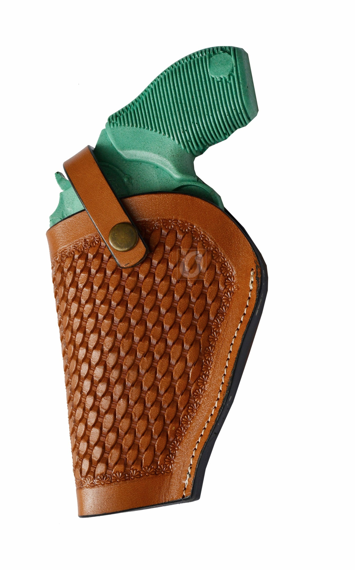 "Left-handed tan leather holster with basket weave tooling, designed specifically for the Taurus Judge Defender. A handcrafted, durable holster offering both secure fit and stylish Western flair.
