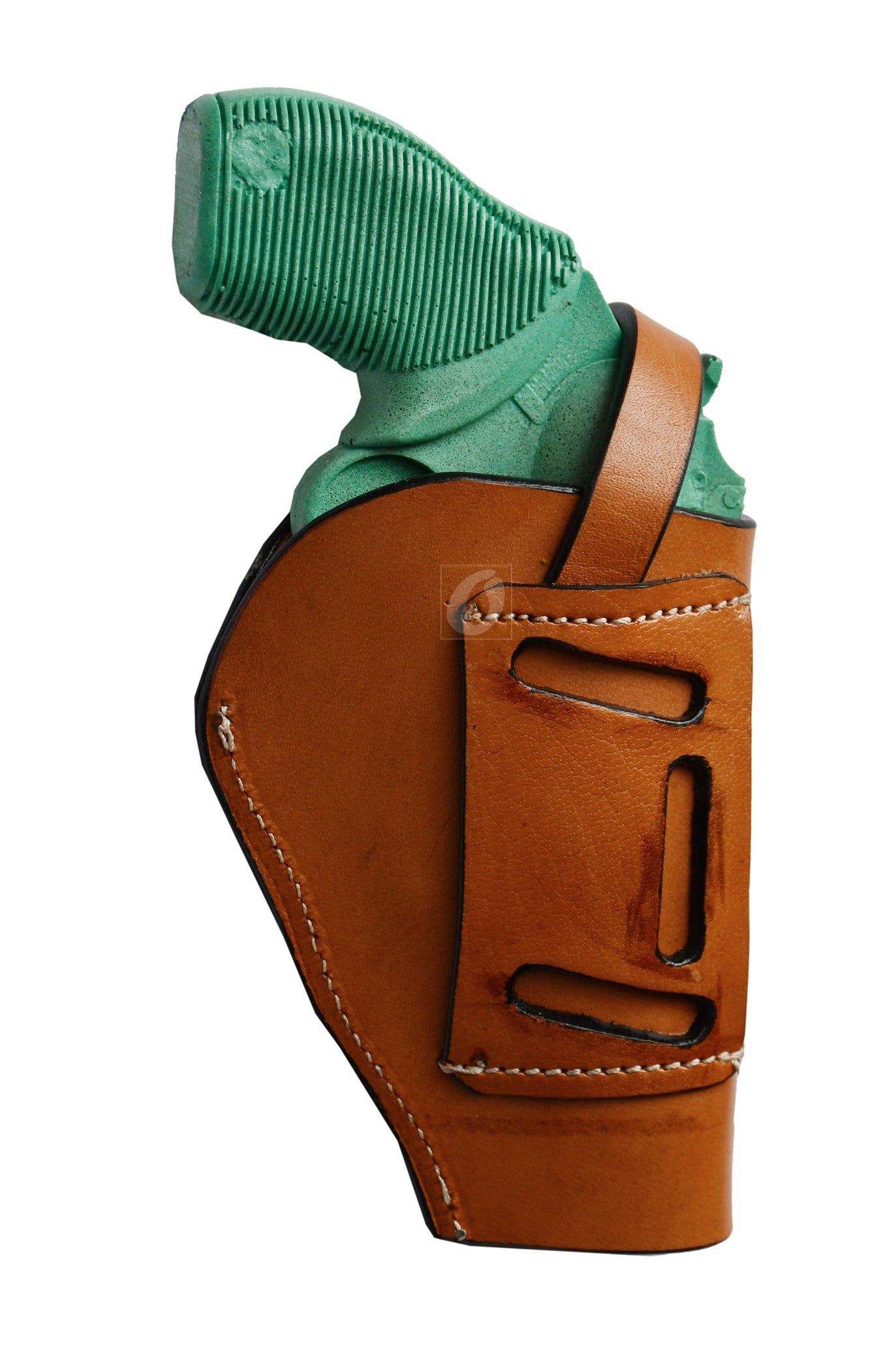 Handmade tan leather gun holster with basket weave tooling, designed for the Taurus Judge Defender. This left-handed holster offers a perfect blend of durability, style, and Western charm.