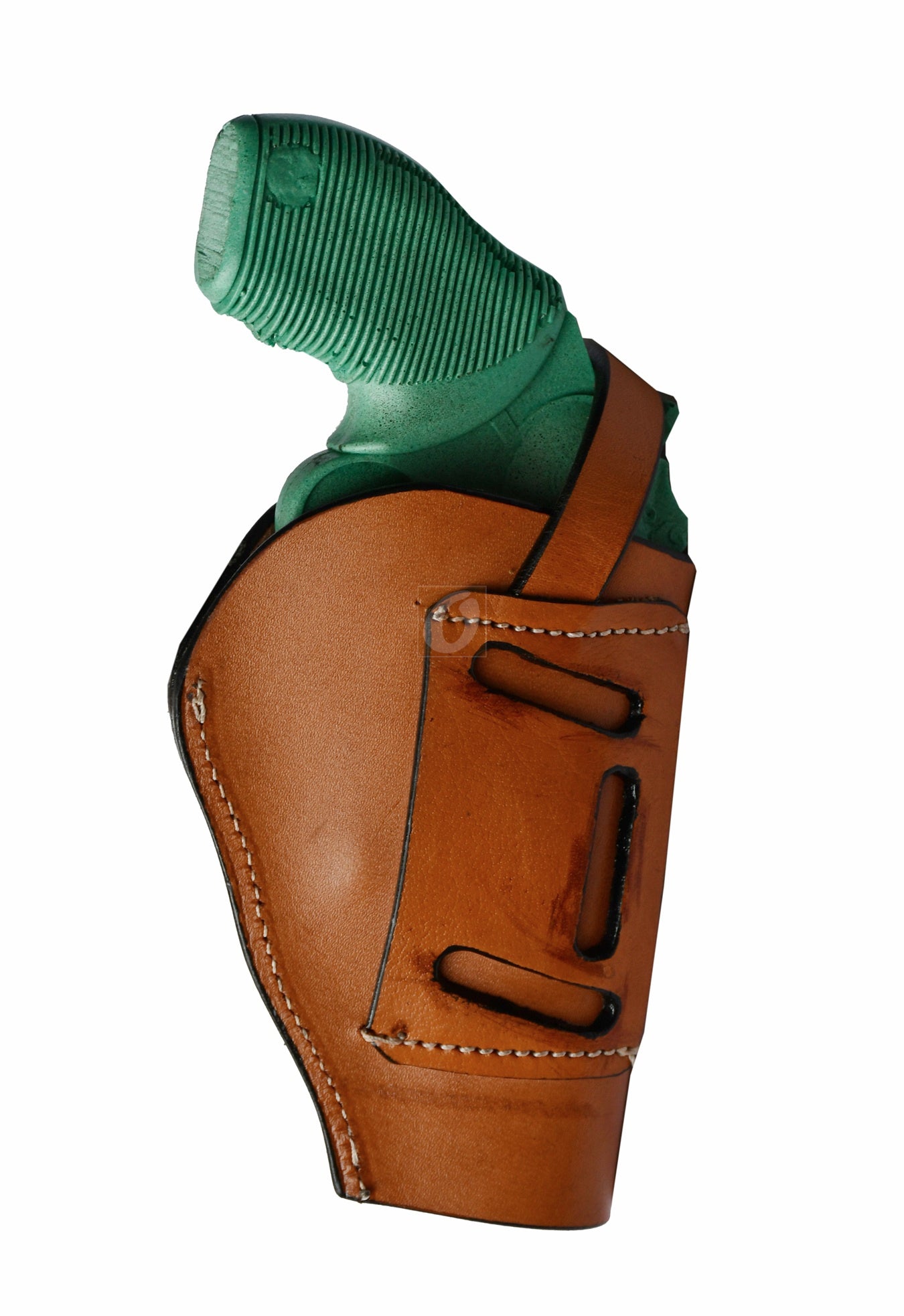 Premium tan leather holster with basket weave tooling for Taurus Judge Defender. This left-handed holster blends classic craftsmanship with functionality for everyday carry.