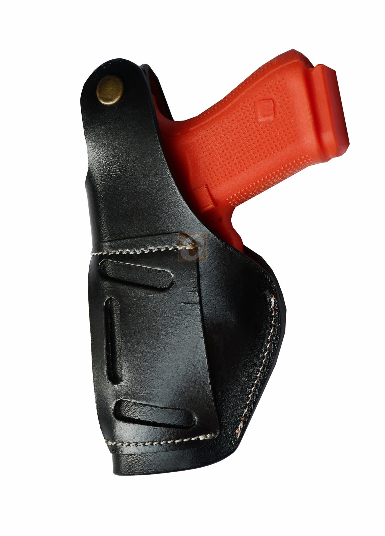 Right-handed black tooled leather gun holster – features thumb retention and elegant floral tooling, made to fit Glock 17, Glock 19, S&W, and Ruger. A premium-quality holster for comfort and security.