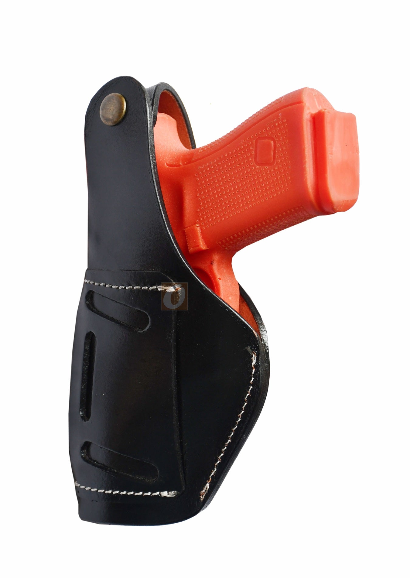 Floral tooled black leather holster – right-handed design with thumb retention, crafted for Glock 17, Glock 19, S&W, and Ruger. A durable and decorative gun holster for concealed or open carry.