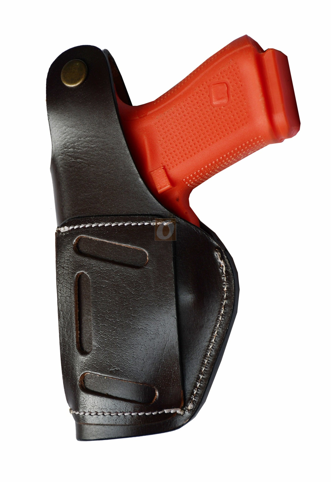 Brown leather holster with thumb retention and floral tooling – right-handed gun holster designed for Glock 17, Glock 19, S&W, and Ruger. Stylish and secure leather holster for everyday carry.