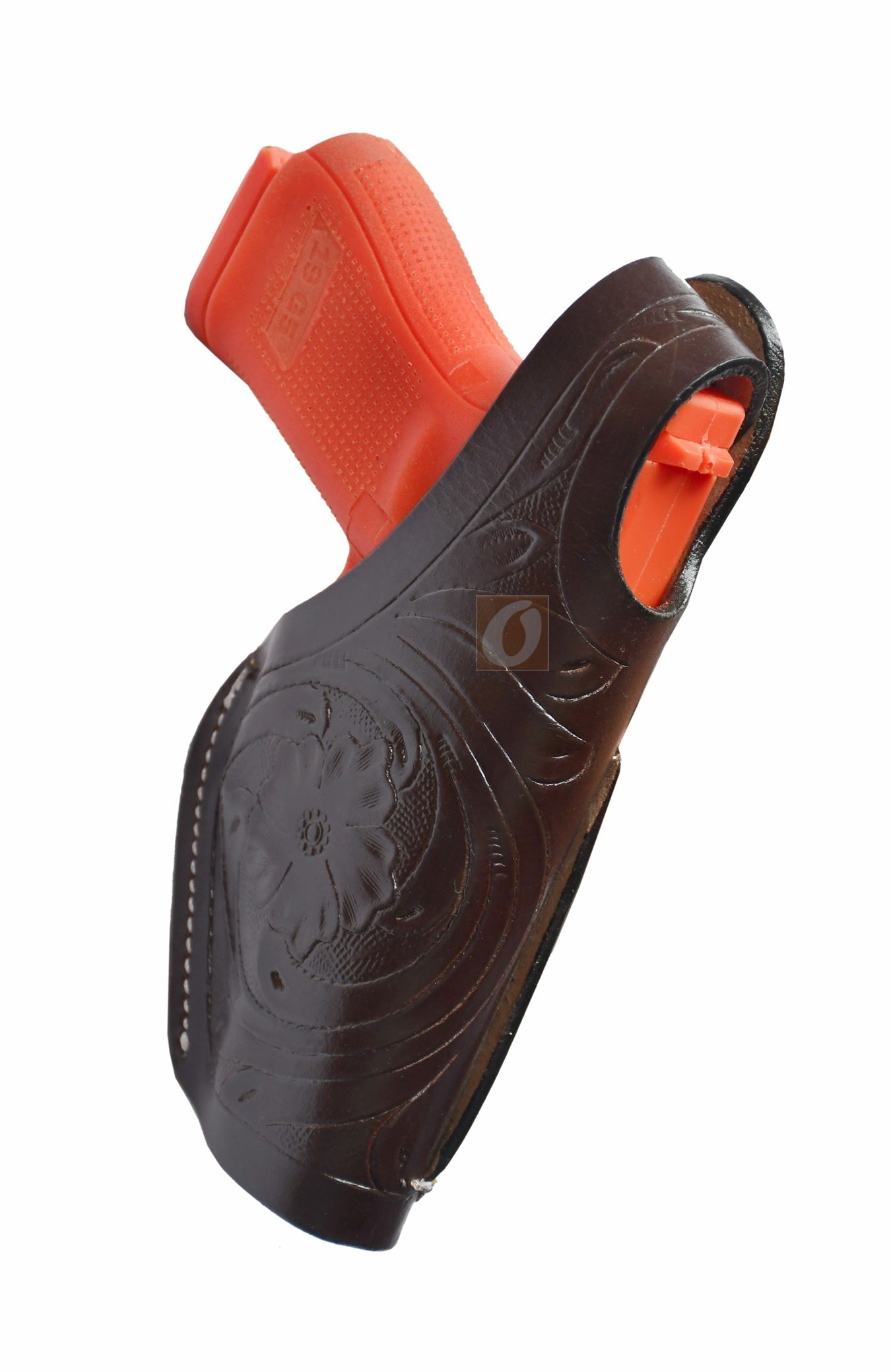 Floral tooled brown leather holster – right-handed design with thumb retention, crafted for Glock 17, Glock 19, S&W, and Ruger. A durable and decorative gun holster for concealed or open carry.