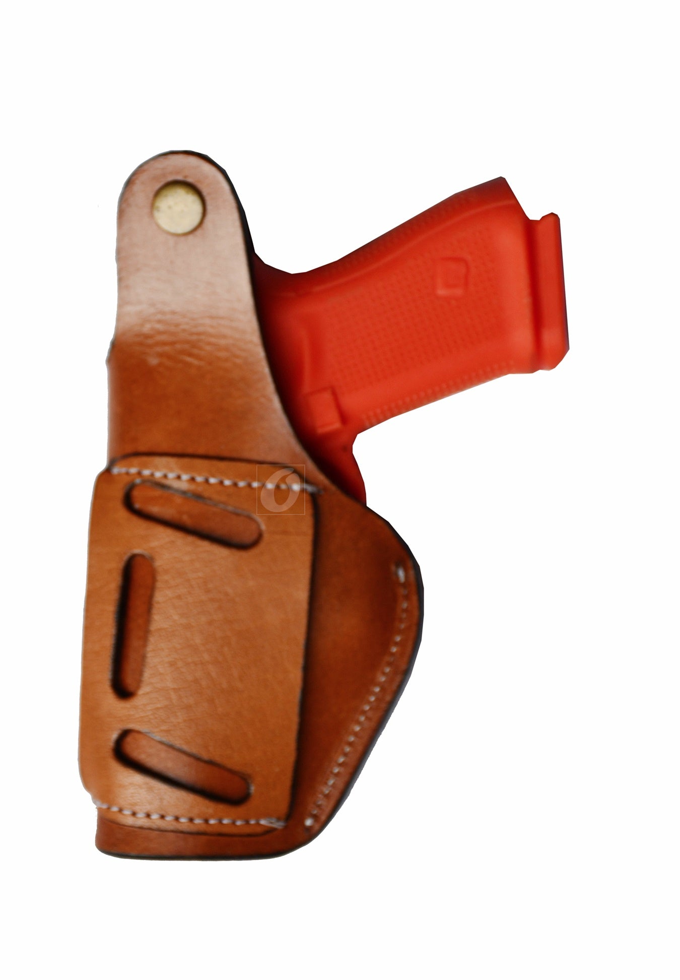 Tan leather holster with thumb retention and floral tooling – right-handed gun holster designed for Glock 17, Glock 19, S&W, and Ruger. Stylish and secure leather holster perfect for everyday carry.