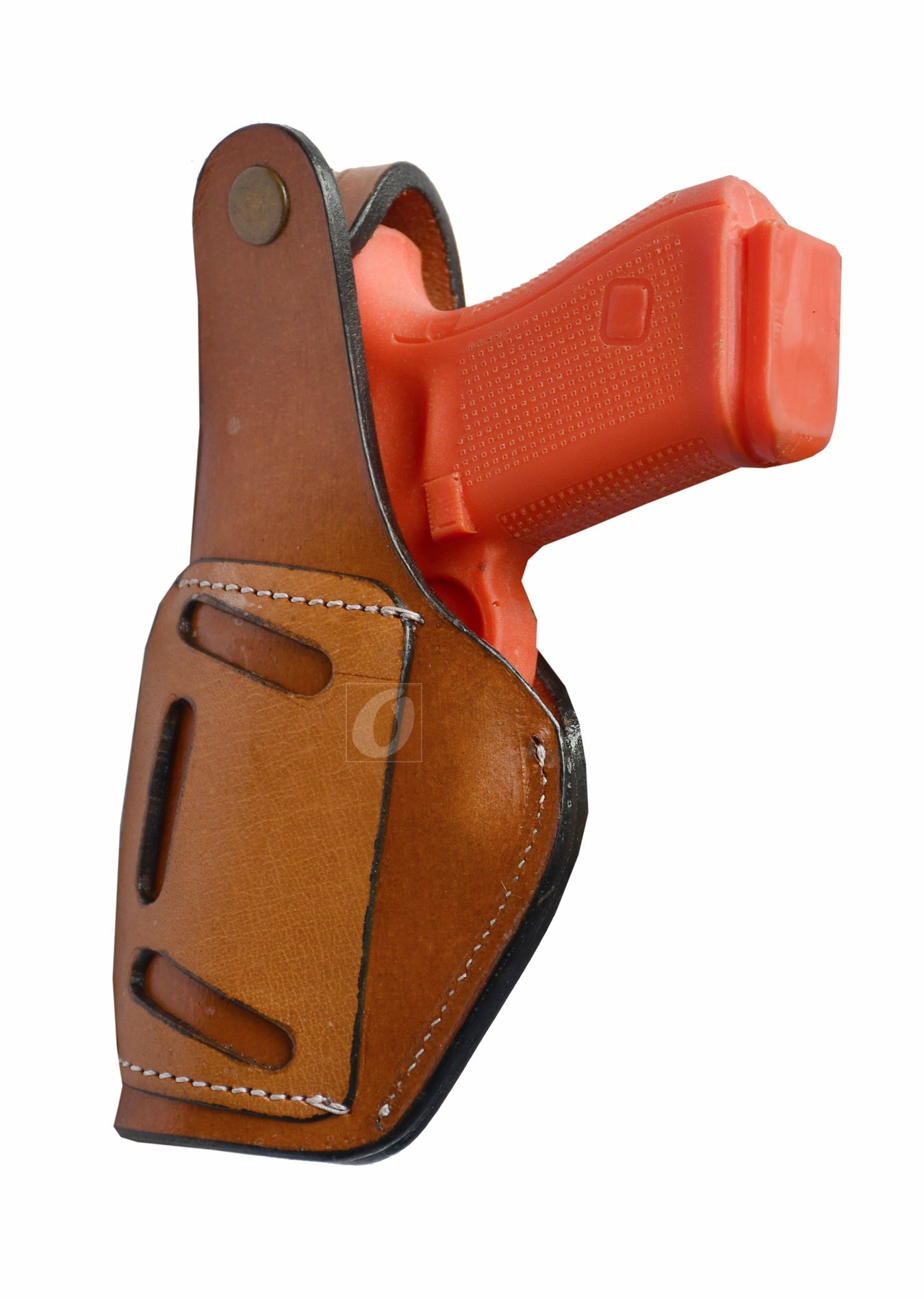 Tan floral leather gun holster – right-handed holster with thumb retention and decorative tooled design, made for Glock 17, Glock 19, S&W, and Ruger. A stylish and reliable leather holster for everyday use.
