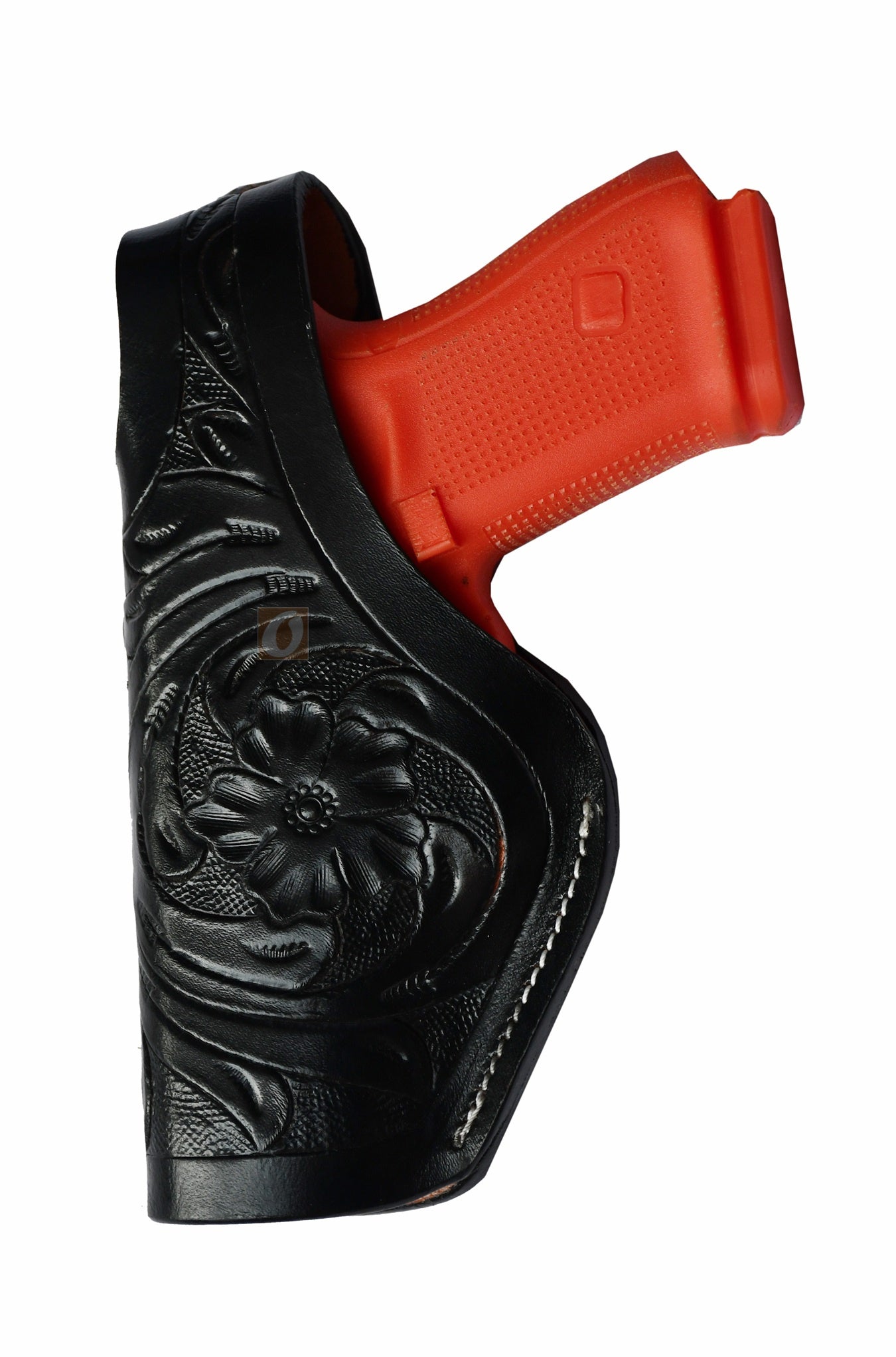 Black leather holster with thumb retention and floral tooling – left-handed gun holster designed for Glock 17, Glock 19, S&W, and Ruger. Stylish and secure leather holster for everyday concealed or open carry.