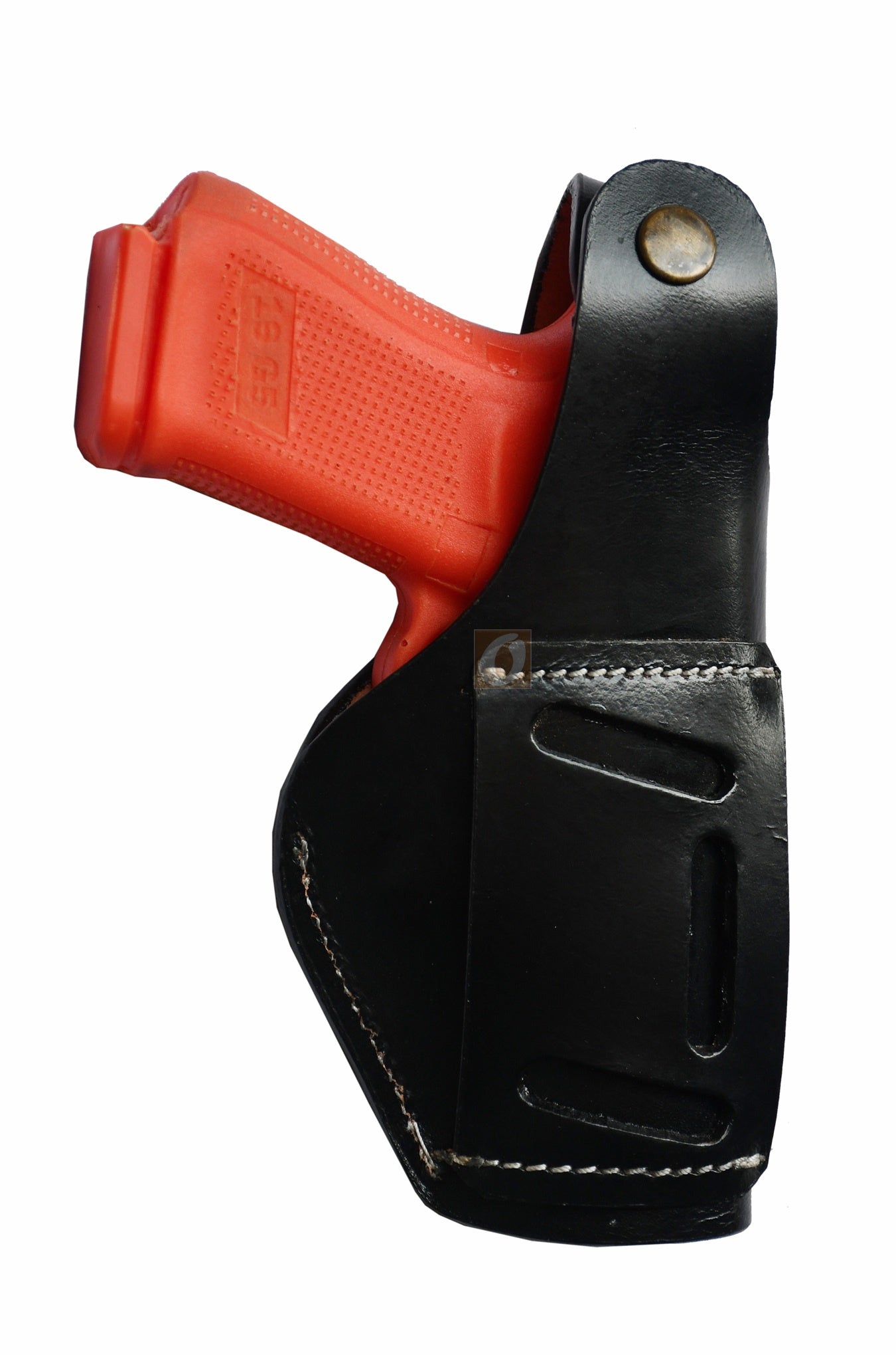 Floral tooled black leather holster – left-handed design with thumb retention, crafted for Glock 17, Glock 19, S&W, and Ruger. A durable and decorative gun holster for concealed or open carry.
