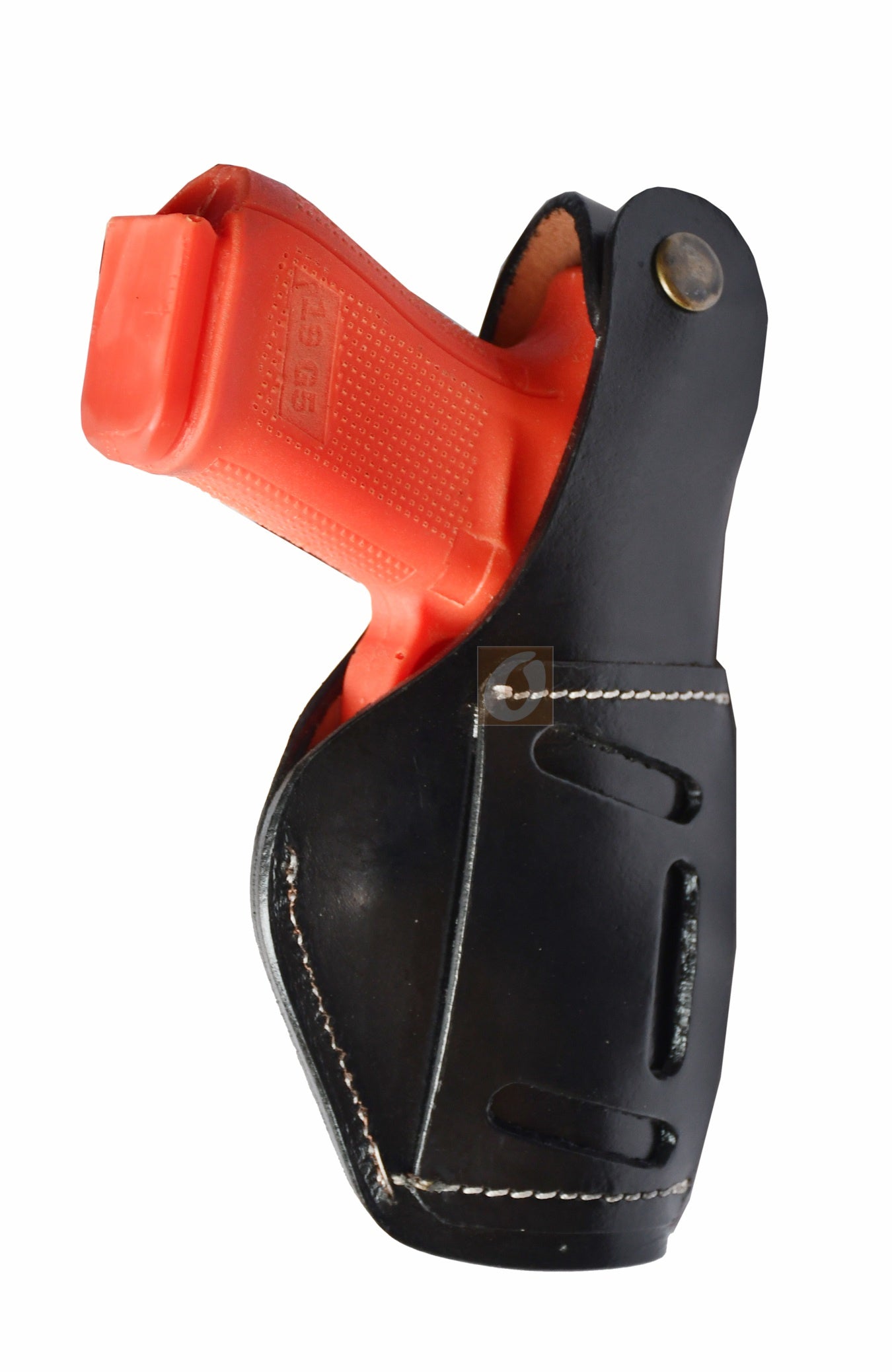 Left-handed black tooled leather gun holster – features thumb retention and intricate floral tooling, made to fit Glock 17, Glock 19, S&W, and Ruger. Premium leather holster offering comfort and security.
