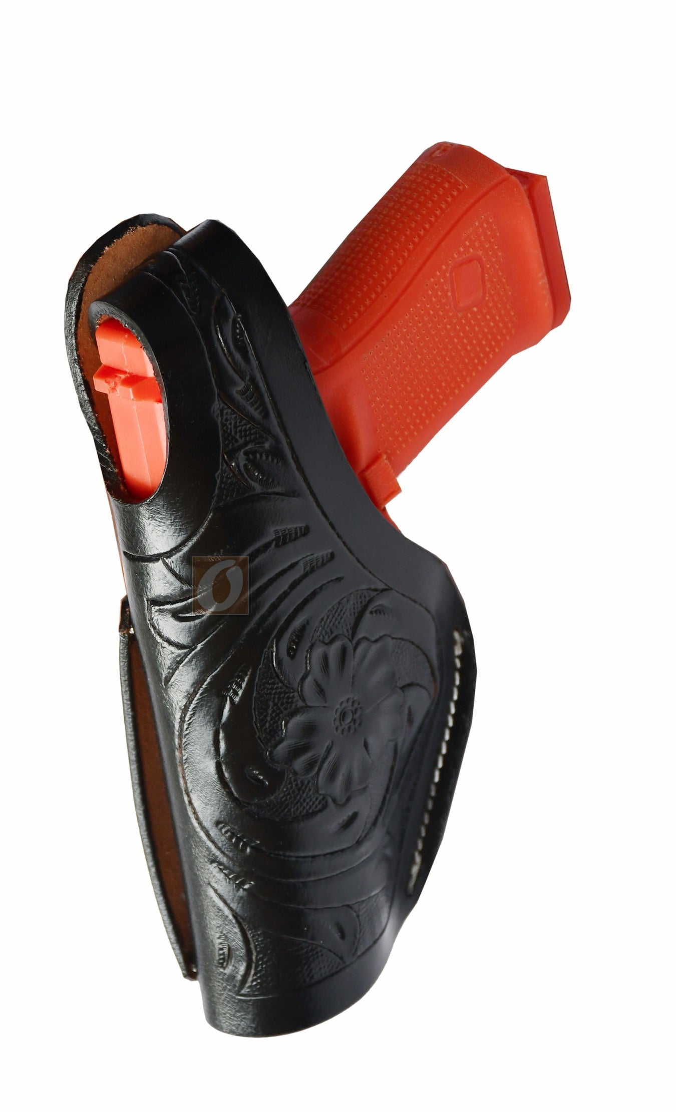 Black floral leather gun holster – left-handed holster with thumb retention and elegant tooled design, designed for Glock 17, Glock 19, S&W, and Ruger. A perfect combination of style, functionality, and reliability.