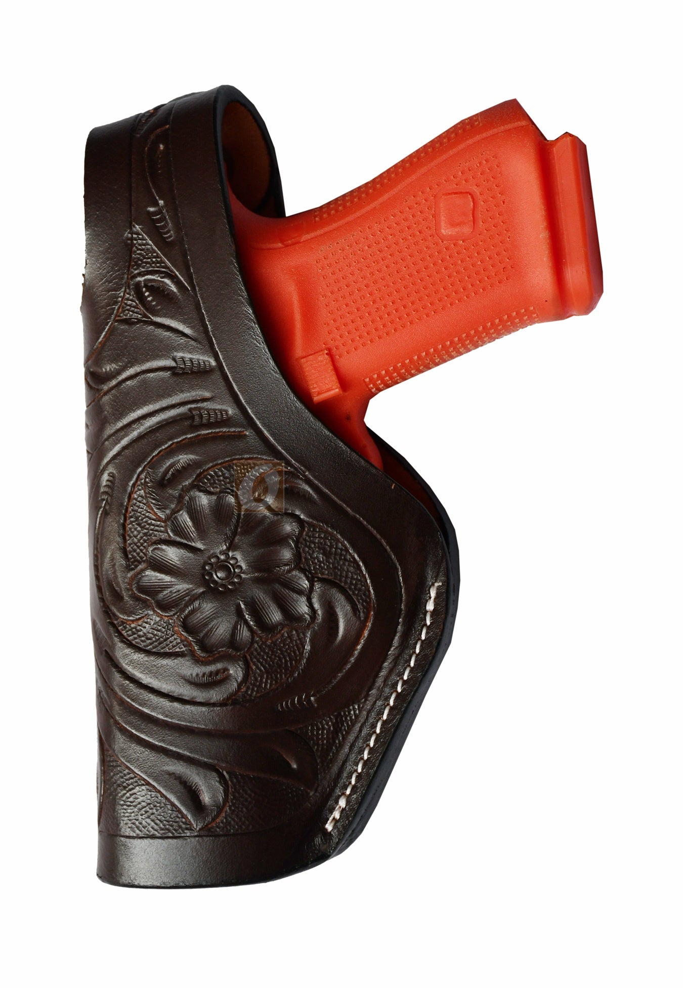 Left-handed brown tooled leather gun holster – features thumb retention and detailed floral tooling, made to fit Glock 17, Glock 19, S&W, and Ruger. A premium leather holster for secure firearm carry.