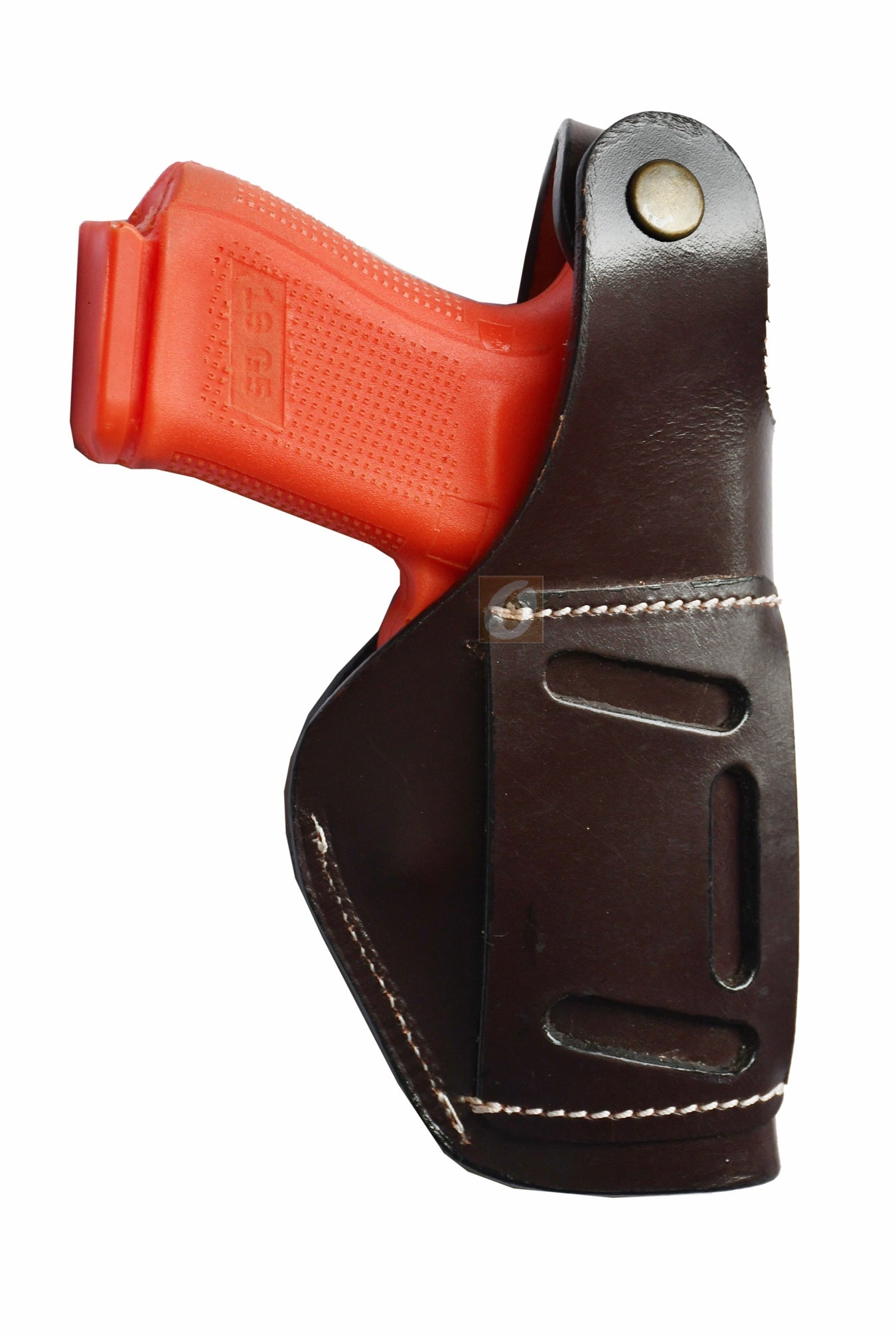 Floral tooled brown leather holster – left-handed design with thumb retention, crafted for Glock 17, Glock 19, S&W, and Ruger. A beautifully designed and functional gun holster for concealed or open carry.