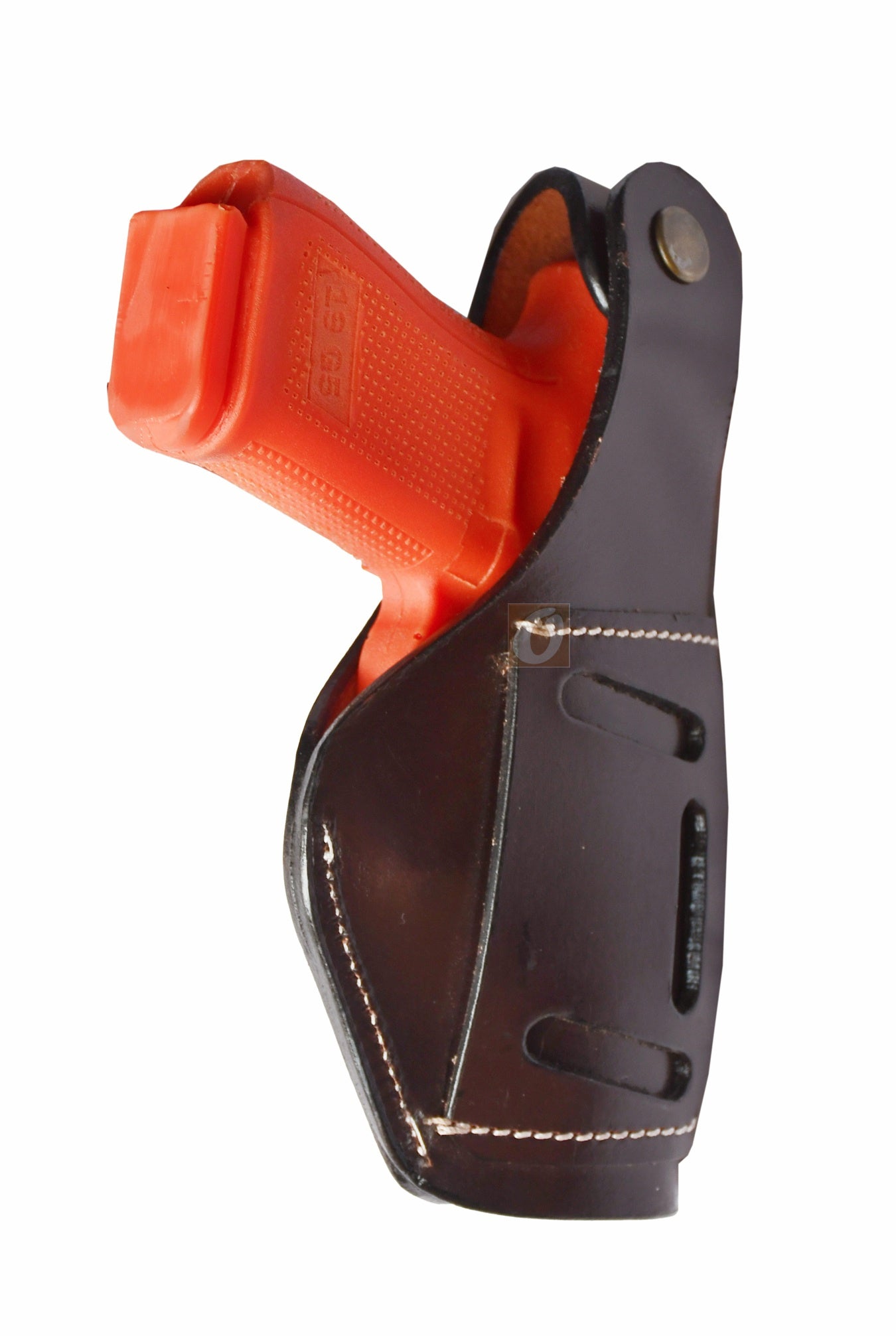 Brown floral leather gun holster – left-handed holster with thumb retention and intricate tooled design, designed for Glock 17, Glock 19, S&W, and Ruger. A perfect blend of style and security in a high-quality leather holster.