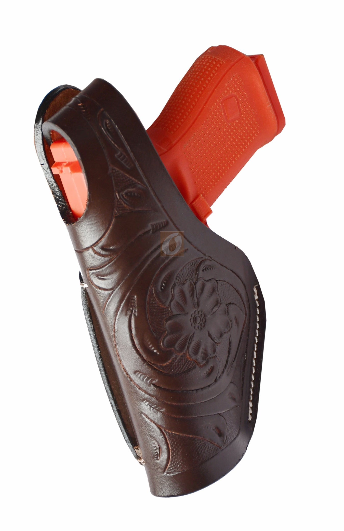 Brown leather holster with thumb retention and floral tooling – left-handed gun holster designed for Glock 17, Glock 19, S&W, and Ruger. Stylish, durable leather holster perfect for everyday concealed or open carry.