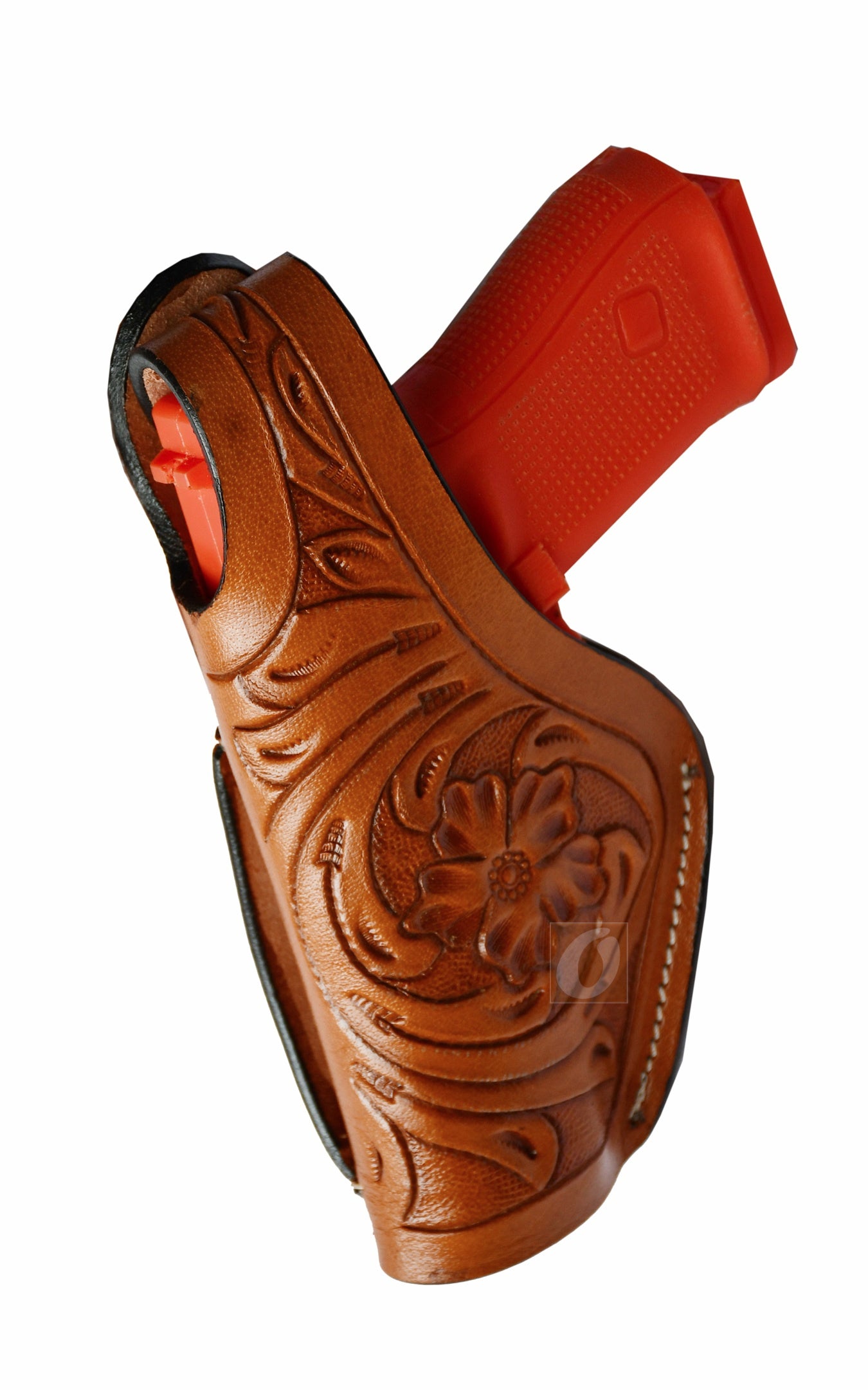 Tan leather holster with thumb retention and floral tooling – left-handed gun holster designed for Glock 17, Glock 19, S&W, and Ruger. Stylish and durable leather holster perfect for concealed or open carry.