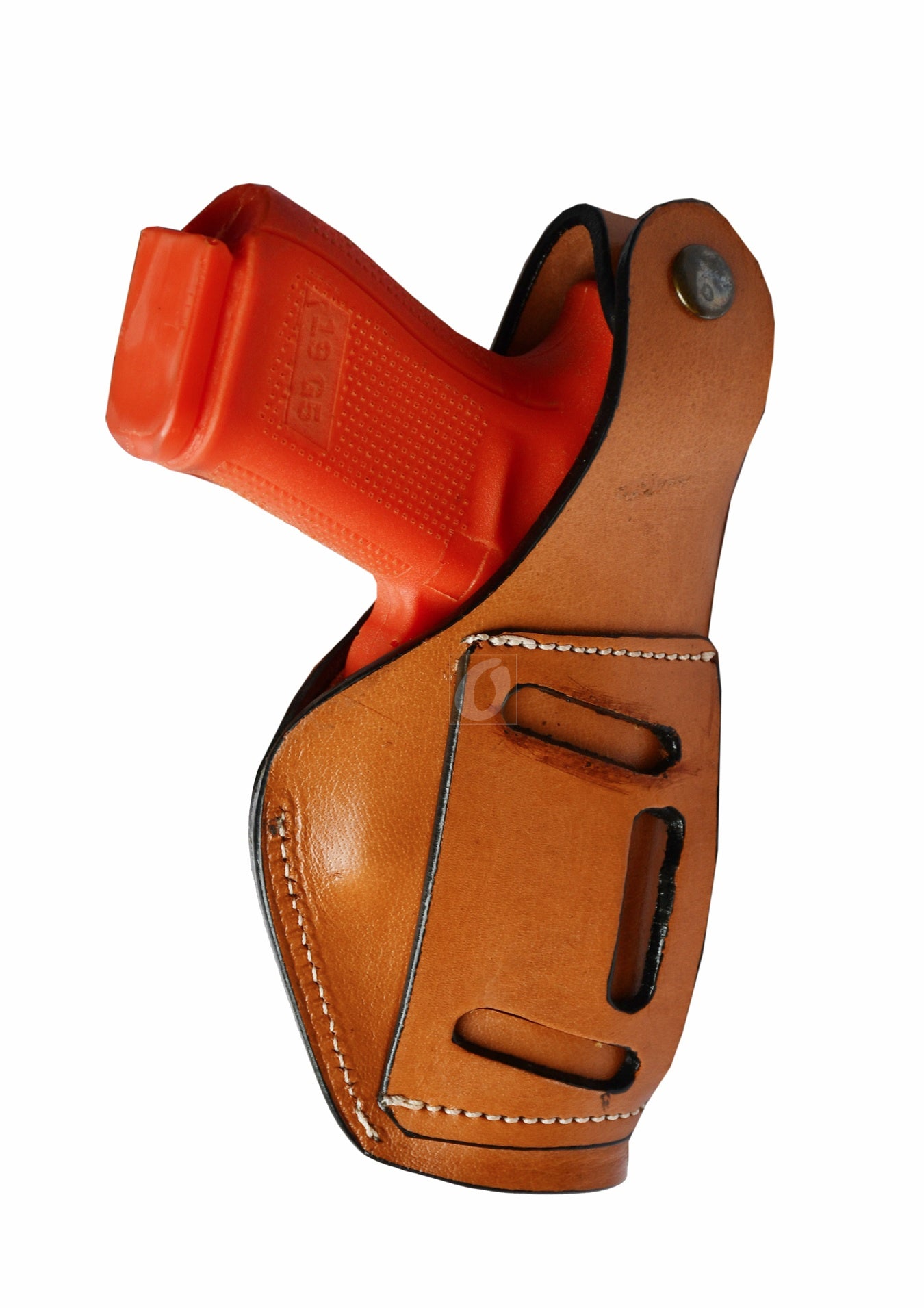 Tan floral leather gun holster – left-handed holster with thumb retention and detailed tooled design, made to fit Glock 17, Glock 19, S&W, and Ruger. A stylish and reliable leather holster for everyday use.