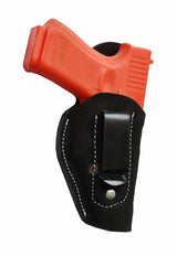 Black soft leather IWB gun holster – right-handed design made for Glock 17, Glock 19, Ruger SR Series, Smith & Wesson M&P Series, and Taurus. Secure and stylish leather holster for everyday carry.
