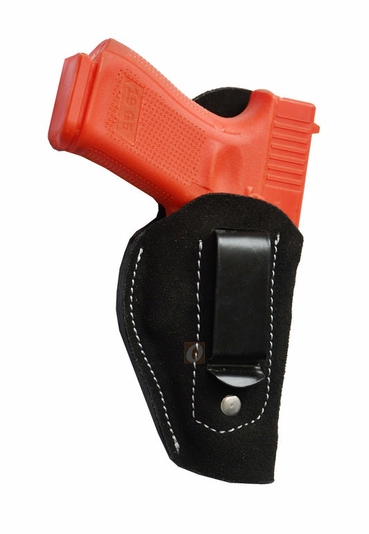 Black soft leather IWB gun holster – right-handed design made for Glock 17, Glock 19, Ruger SR Series, Smith & Wesson M&P Series, and Taurus. Secure and stylish leather holster for everyday carry.
