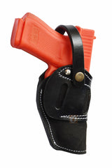 Premium black suede leather holster – ambidextrous gun holster designed for Glock 17, Glock 19, S&W, and Ruger. Secure and comfortable fit for everyday carry.