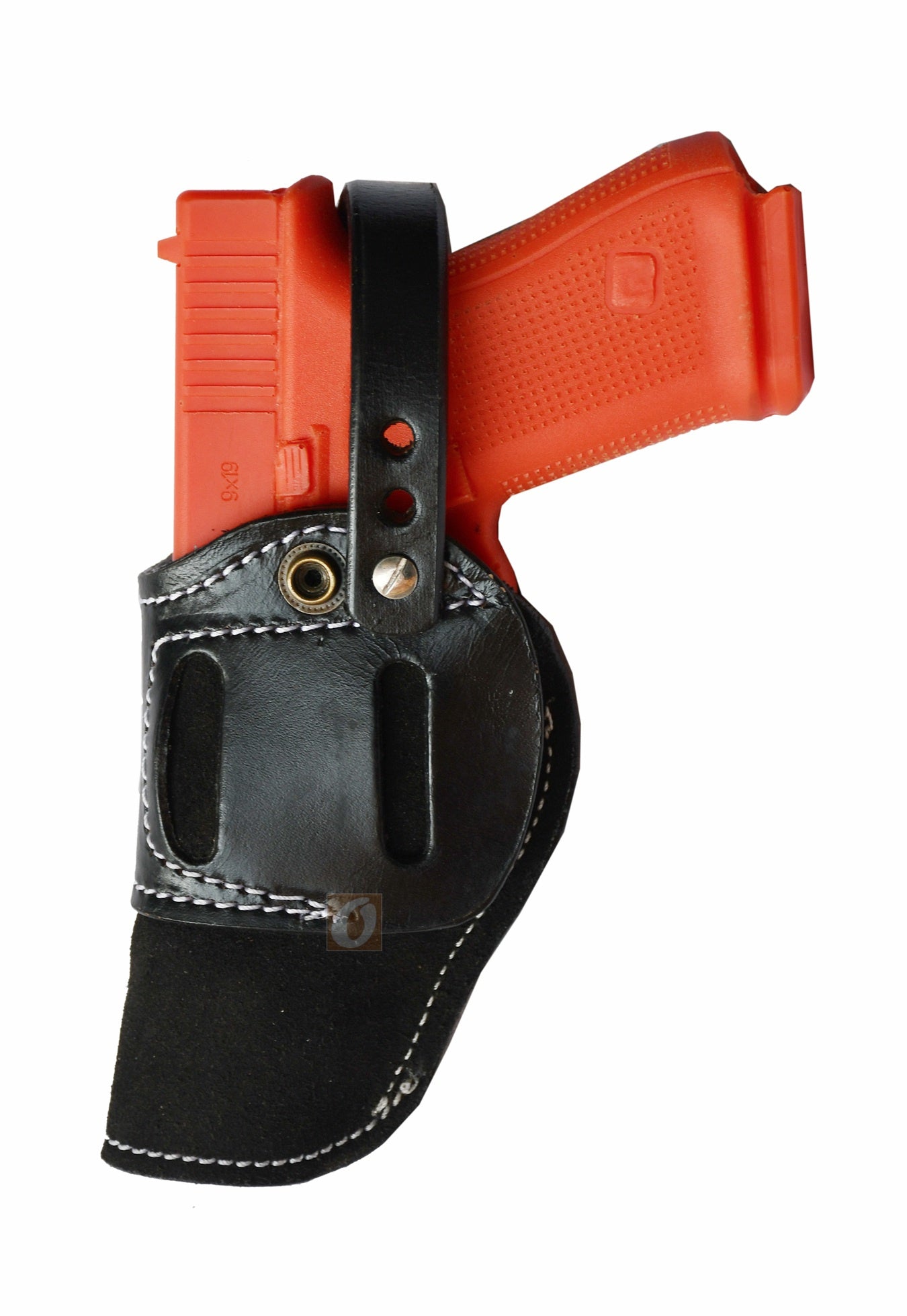 Concealed carry gun holster – premium black suede leather, ambidextrous design, fits Glock 17, Glock 19, S&W, and Ruger. High-quality leather holster for secure firearm storage.