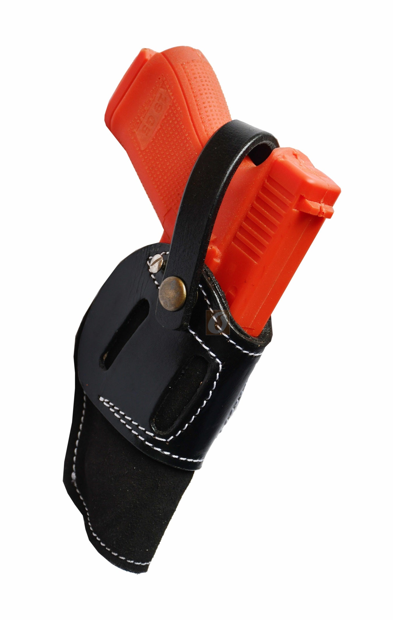 Versatile black leather holster – ambidextrous soft suede design for Glock 17, Glock 19, S&W, and Ruger. A perfect concealed carry holster with a comfortable fit.