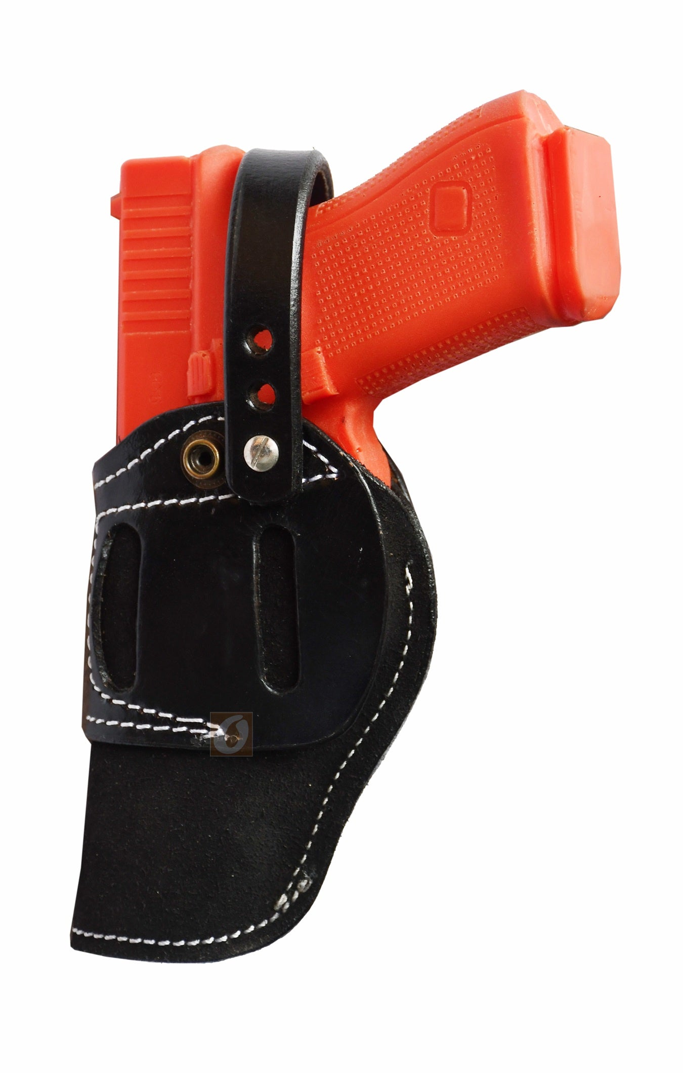 Soft suede leather gun holster – universal ambidextrous design, perfect for Glock 17, Glock 19, S&W, and Ruger. Durable and stylish black leather holster for concealed carry.