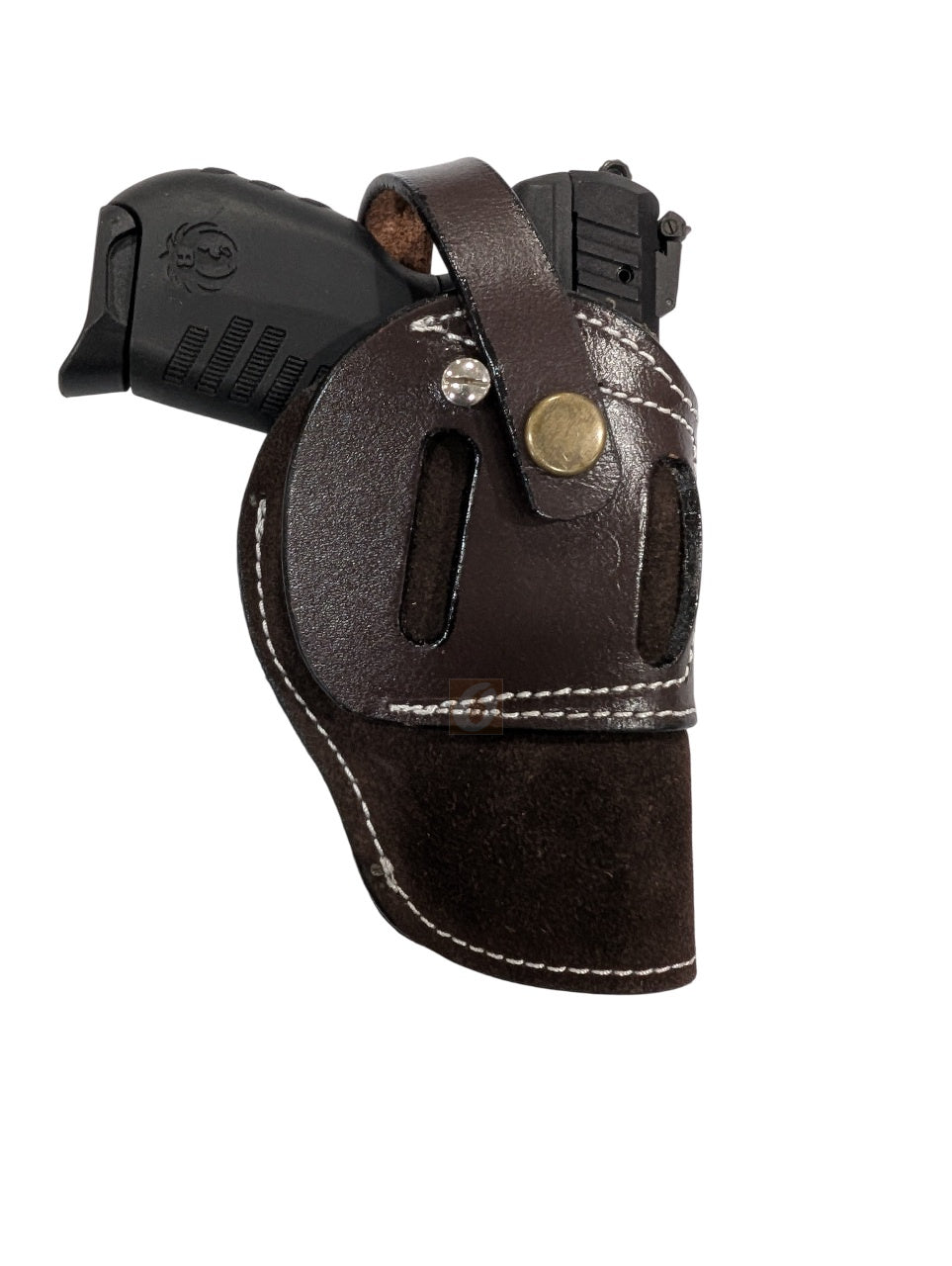 SR 22LR suede leather holster brown color front view